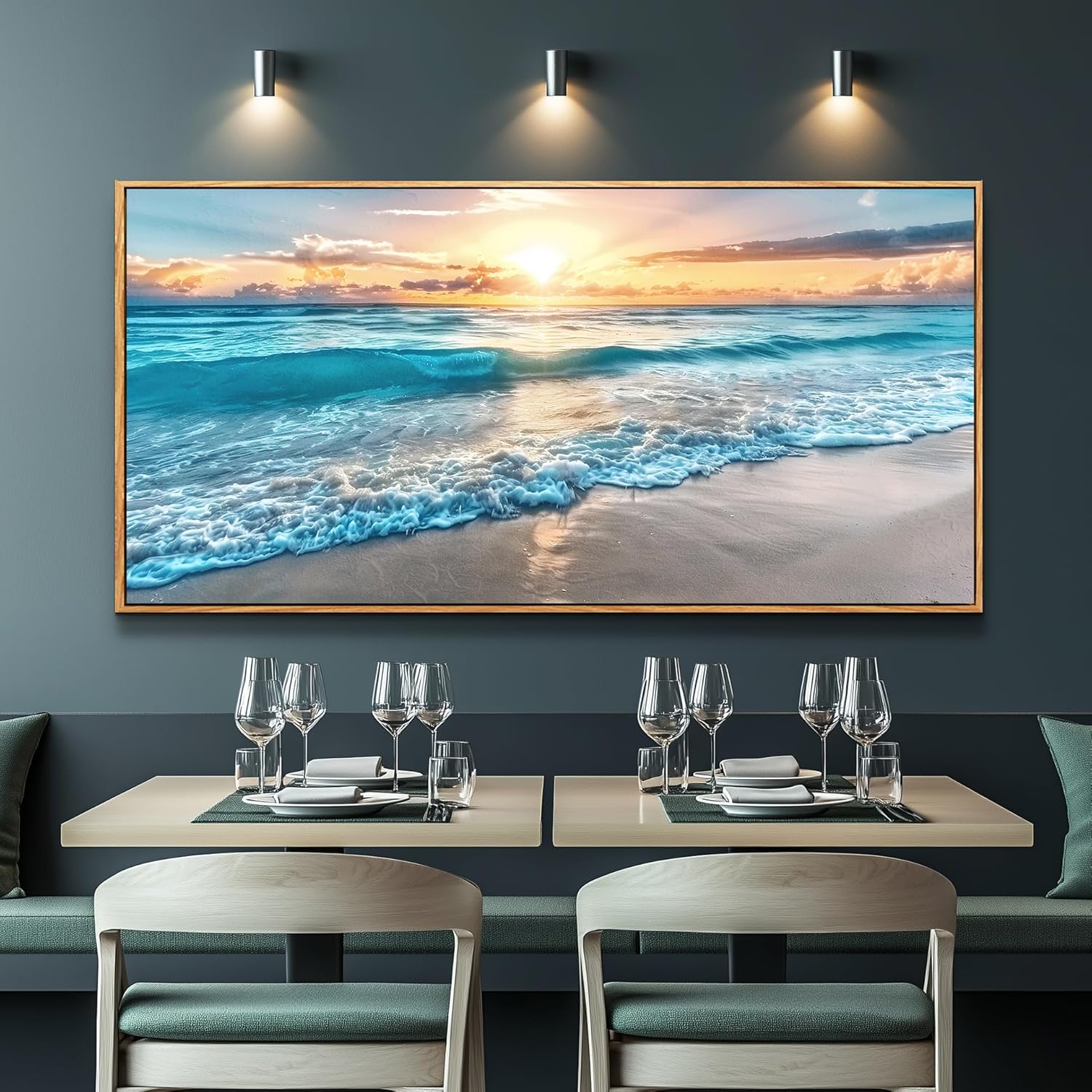 MHARTK66 Large Canvas Wall Art For Living Room Wood Framed Wall Decor For Bedroom Blue Beach Seascape Wall Paintings Modern Office Decorations Home Decor Poster Artwork Ready to Hang Wall Pictures