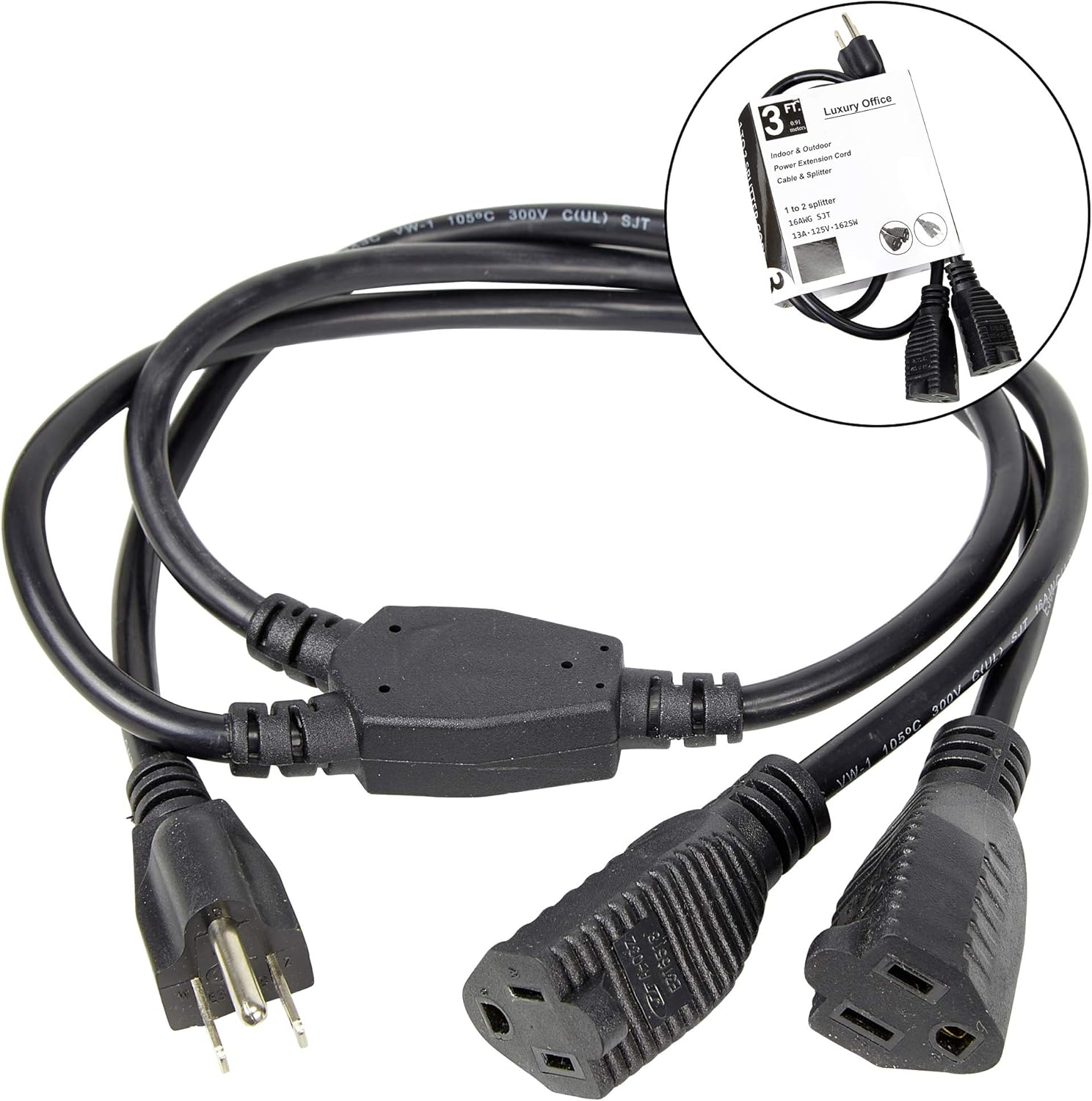2 Way Power Splitter and 3' Extension Cord - 3 Pack - 1 to 2 Cable Strip with 3 Pronged Outlet and Y Style Extension Cord – Black - SJT 16 AWG – by Luxury Office