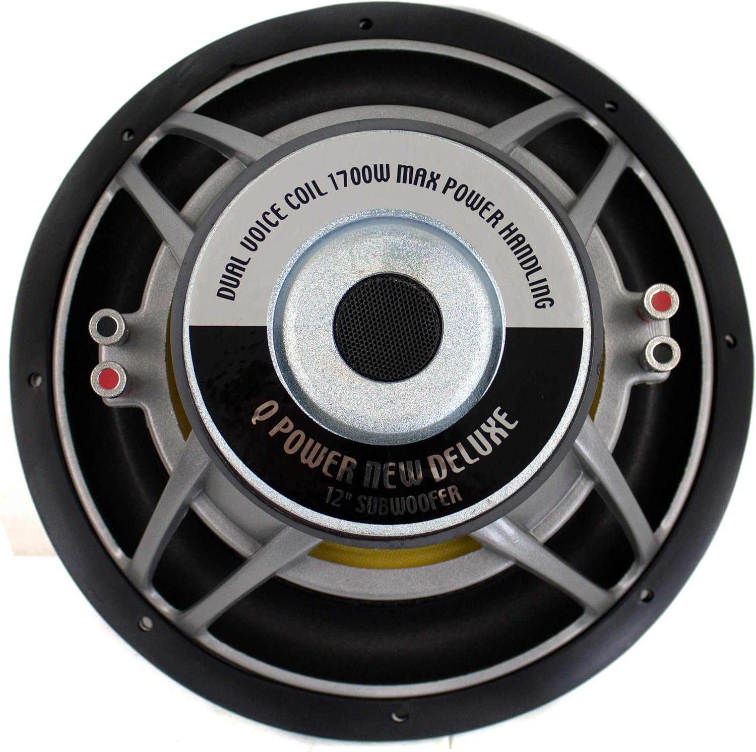 Zadní view of the Q-POWER QPF12 subwoofer, showing the magnet structure and dual voice coil terminals