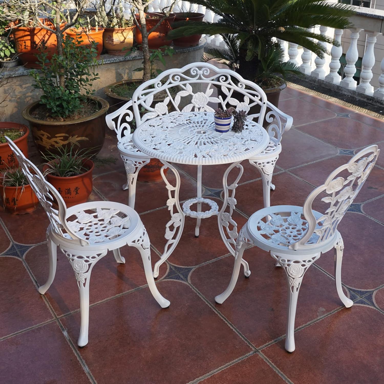 KAI LI Outdoor Outdoor Tables and Chairs cast Aluminum Four Piece Set, Including a Table, Two Round Chairs and a Bench Rose White Style Swimming Pool Leisure : Patio, Lawn & Garden
