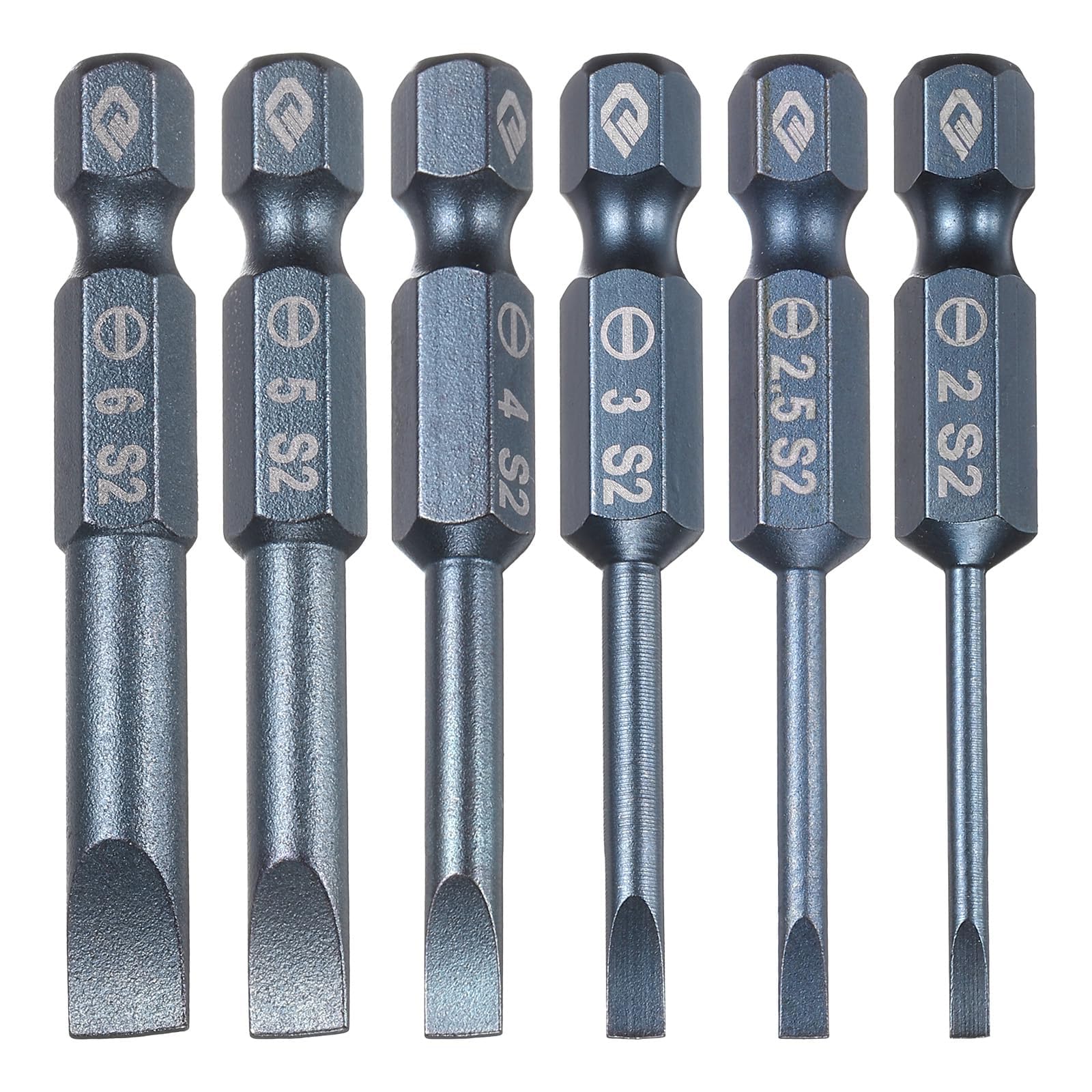 TA-VIGOR 6pcs 2mm 2.5mm 3mm 4mm 5mm 6mm Magnetic Slotted Tip Flat Head Screwdriver Bits, S2 Steel 1/4" Hex Shank 0" Length Power Drill Bits Set for Electrician, Mechanic and Repair Work (Sandblasted)