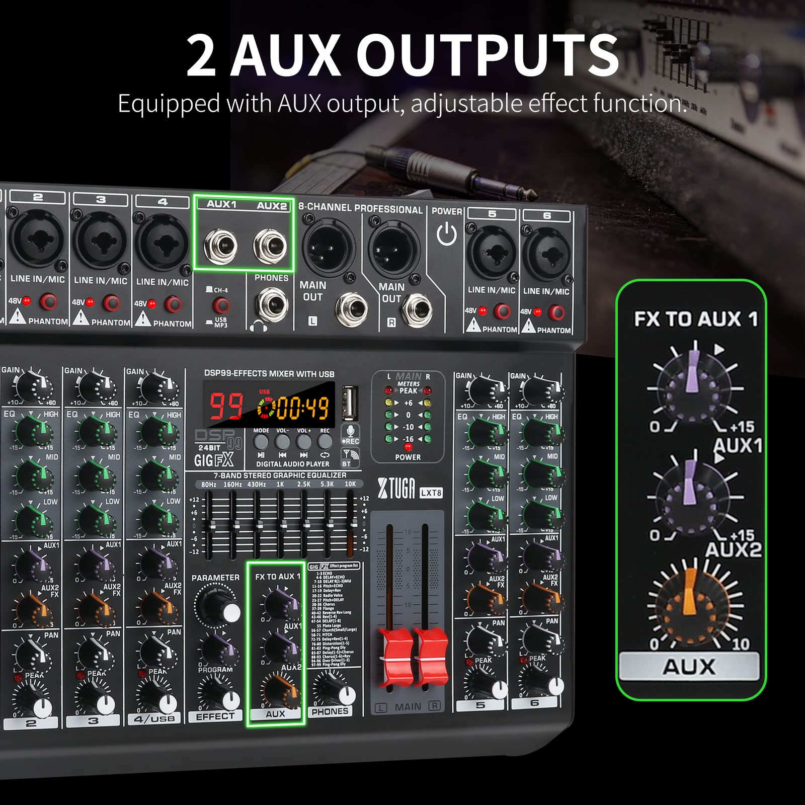 XTUGA LXT6 Table de mixage audio professionnelle à 6 pistes avec 99 effets DSP, égaliseur 7 bandes, bouton d'alimentation fantôme 48V indépendant et sourdine, fonction Bluetooth, DJ, scène/soirée