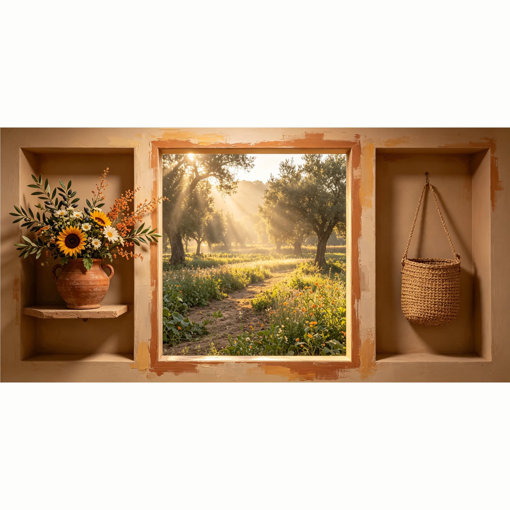 QZLITHOTIC 50x100cm 3D Framed Wall Art， Tuscan Sunlit Garden Wildflower Field Self‑Adhesive Mural， Water‑Activated Peel & Stick Fabric Decor Wall Decal for Bedroom Living Room