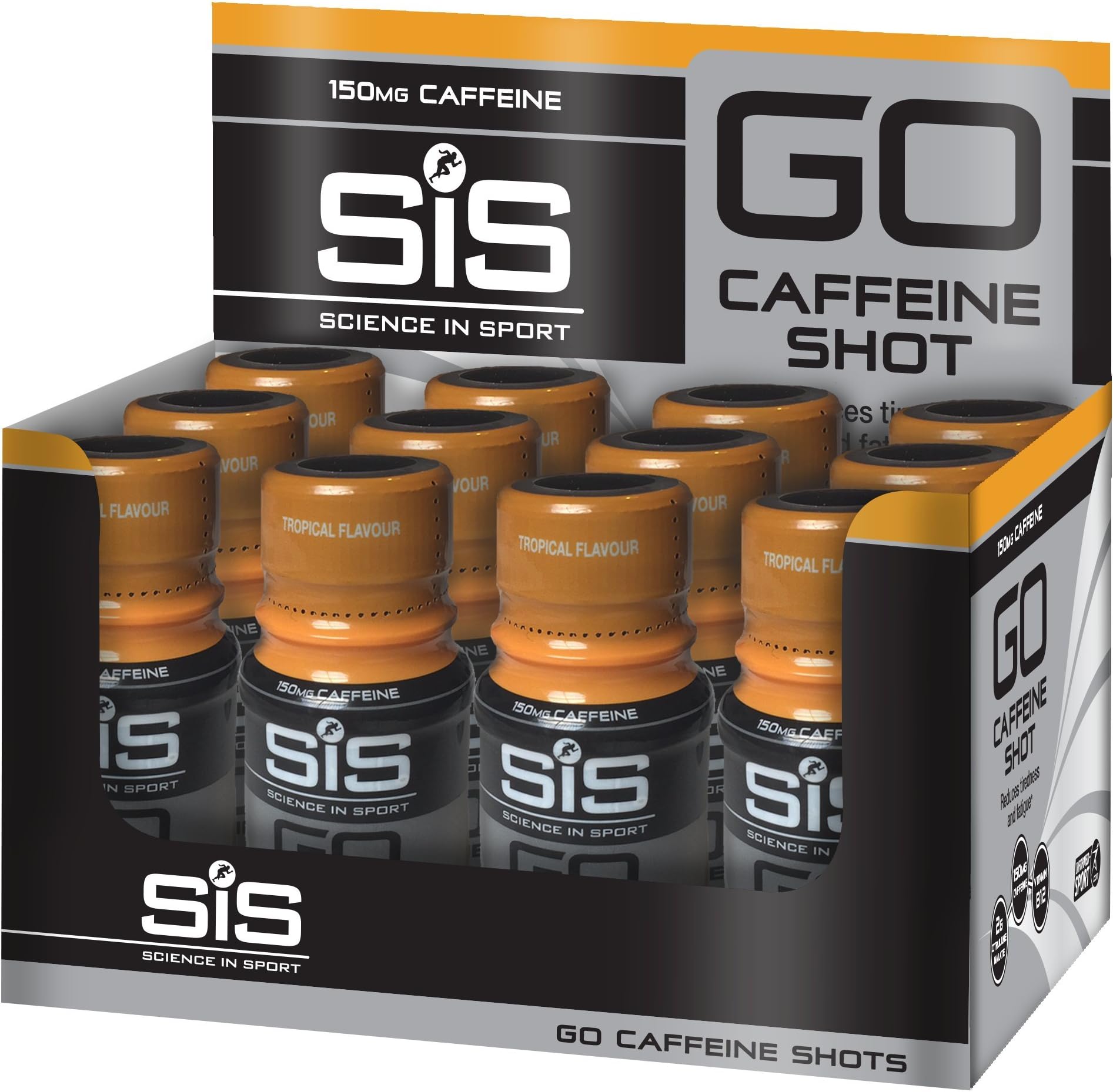 Science in Sport| Go Caffeine Shot| Focus| Concentration| 150mg Caffeine| Zero sugar| Zero fat| Vegan| Pack of 12| 60ml| Tropical flavoured