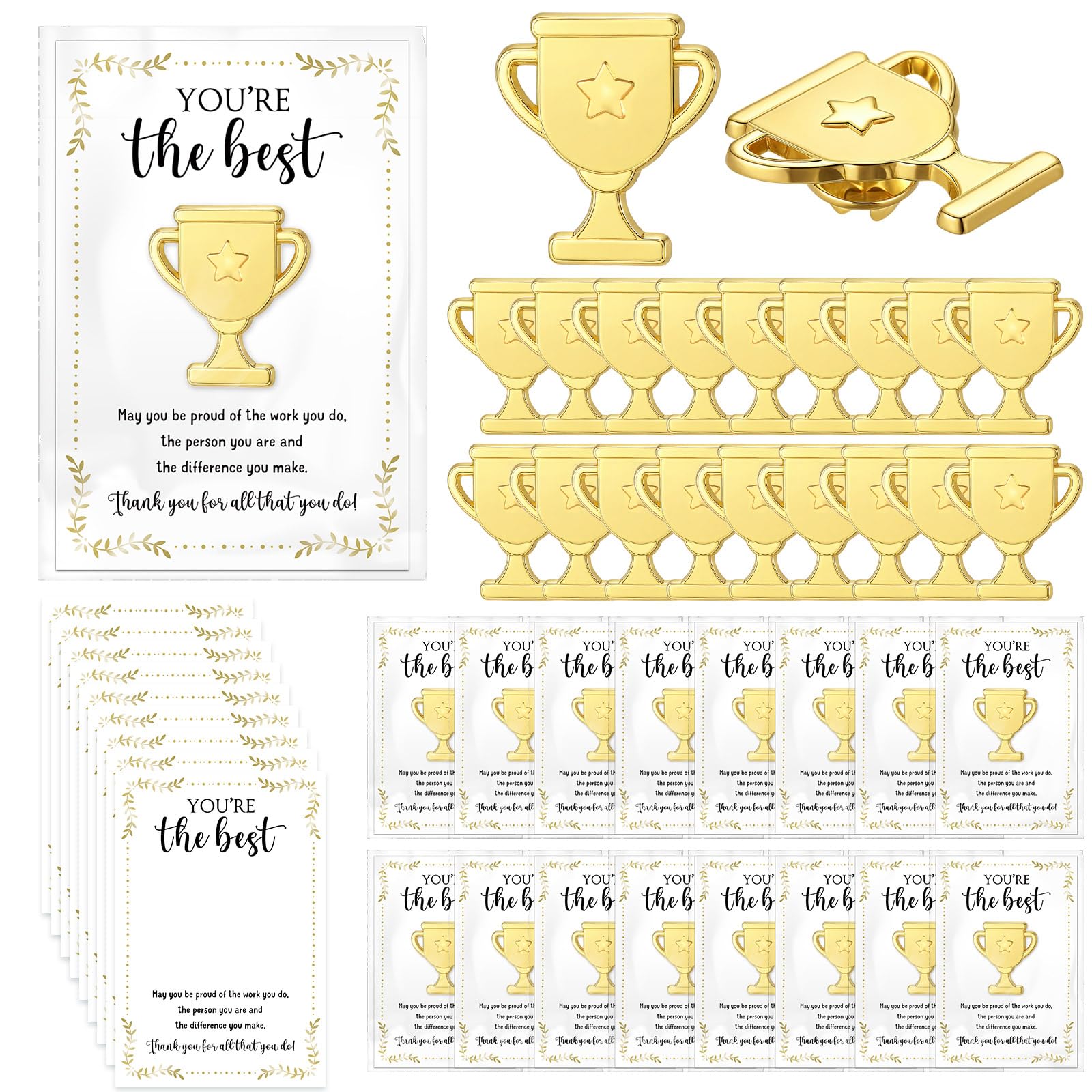 Juinte 60 Sets Employee Appreciation Gifts Bulk Trophy Pins with Thank You Cards Organza Bags Inspirational Appreciation Recognition Gift for Team
