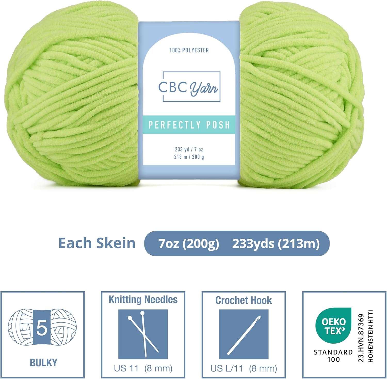 CBC Perfectly Posh Chenille Yarn for Knitting, Crocheting and Amigurumi - 2 Pack (7 oz / 200g, 233 Yards Each Skein), Lime Green, Gauge 5 Bulky