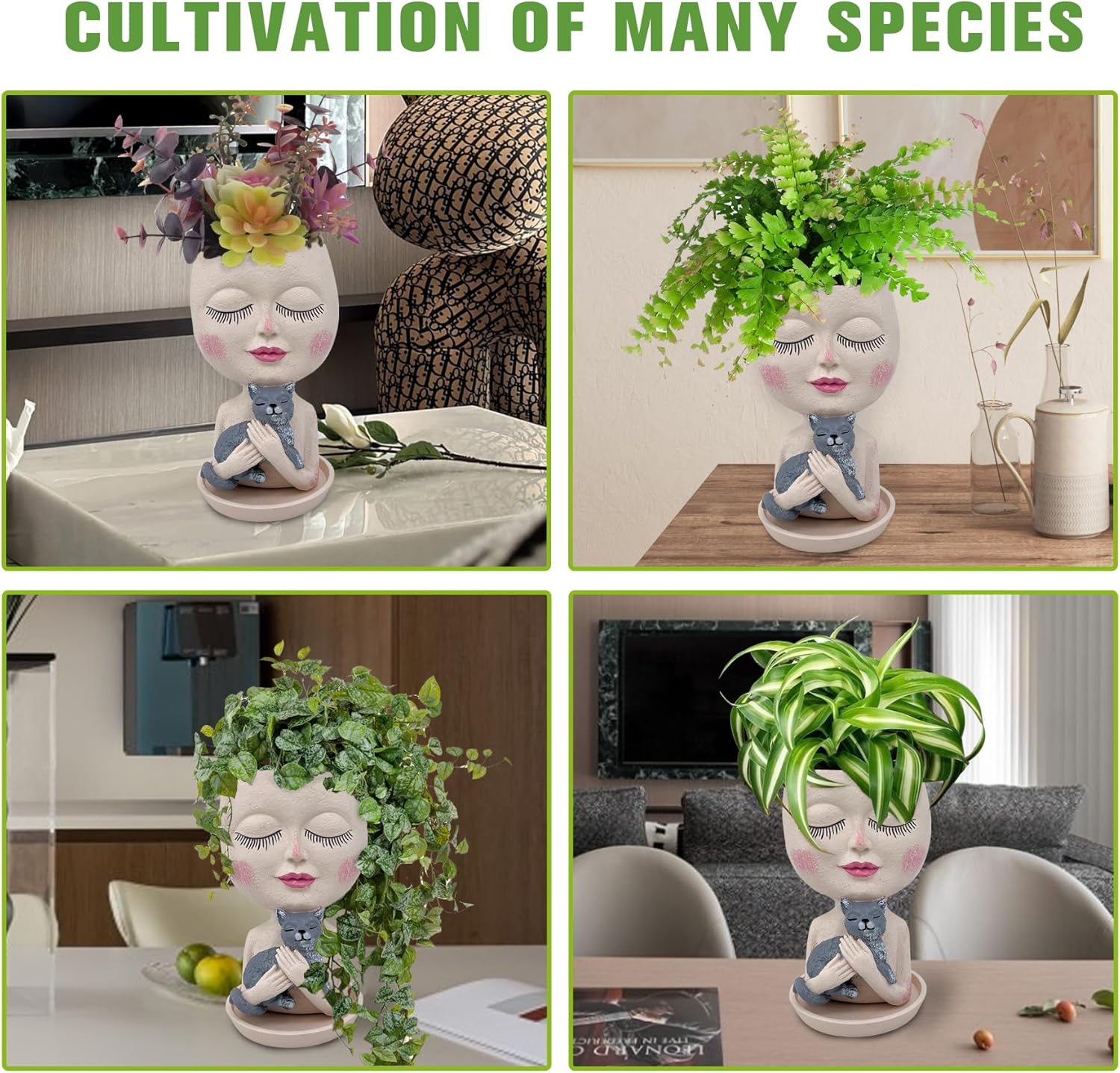 Face Plant Pots Head Planters - Face Flower Pot Head Planter with Cat, Succulent Pots with Drainage Hole, Resin Lady Planter for Indoor Outdoor, Home Decor, Mother's Day/Women Gifts