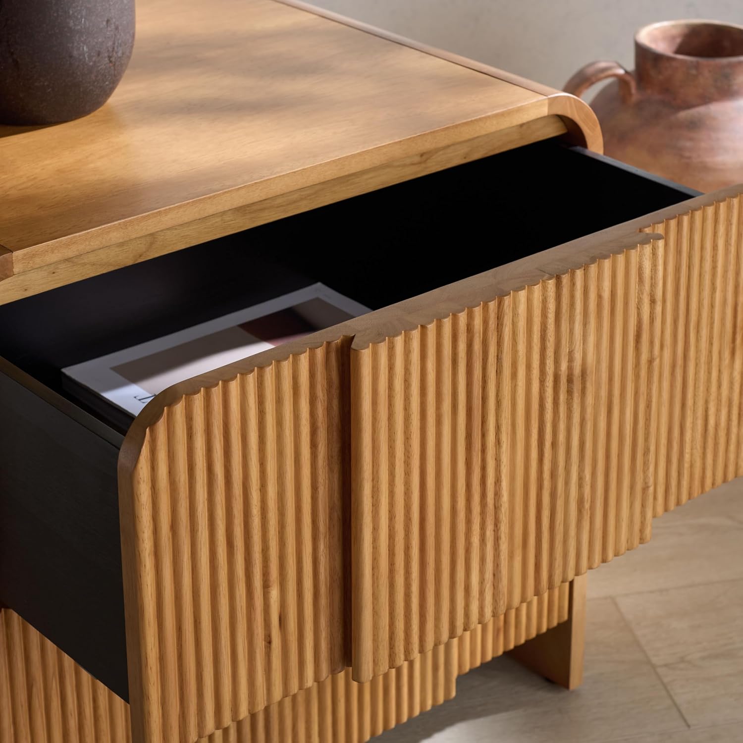 SAFAVIEH Couture Collection - Vitale Natural Reeded Wood Nightstand, 2 Drawers, Modern Accent Bedroom Side Table, Fully Assembled (SFV4259A)