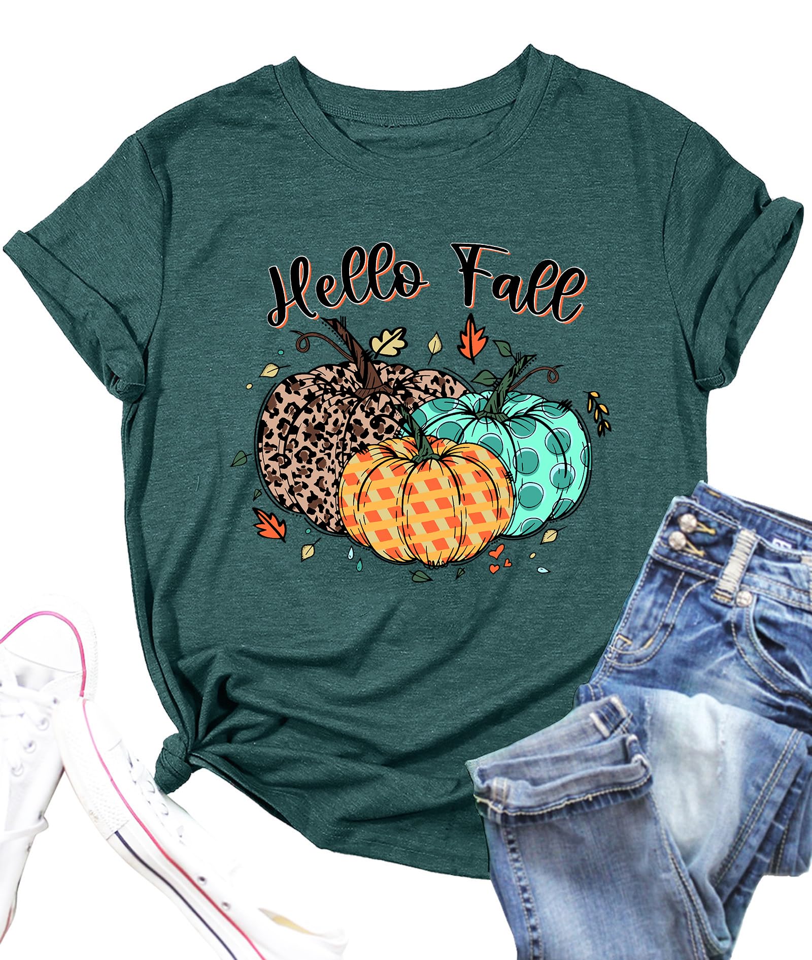 Hello Fall Shirts for Women Leopard Pumpkin Graphic T-Shirts Funny Thanksgiving Gifts Tee Tops