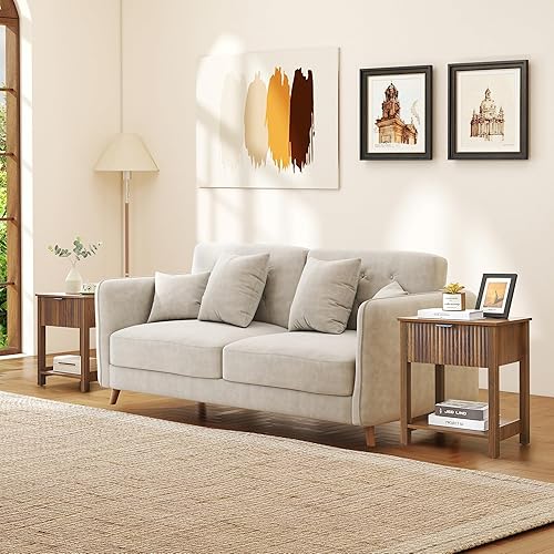 Miniatura 7 de Mesa auxiliar pequeña acanalada con almacenamiento, mesa auxiliar de cama moderna de mediados de siglo con cajón, mesita de noche pequeña para