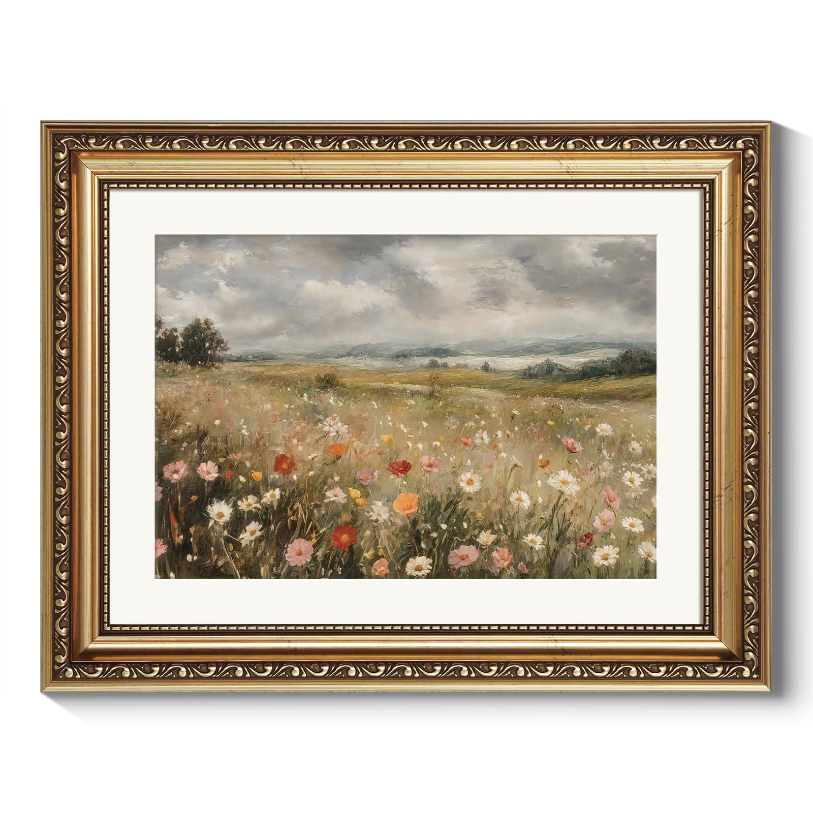 ARPEOTCY Vintage Gold Framed Wall Art Decor, 11x14 Inch Dreamy Wildflower Picture, Retro Farmhouse Landscape Wall Art for Living Room Bedroom, Rustic Bathroom Decor Aesthetic — image 1