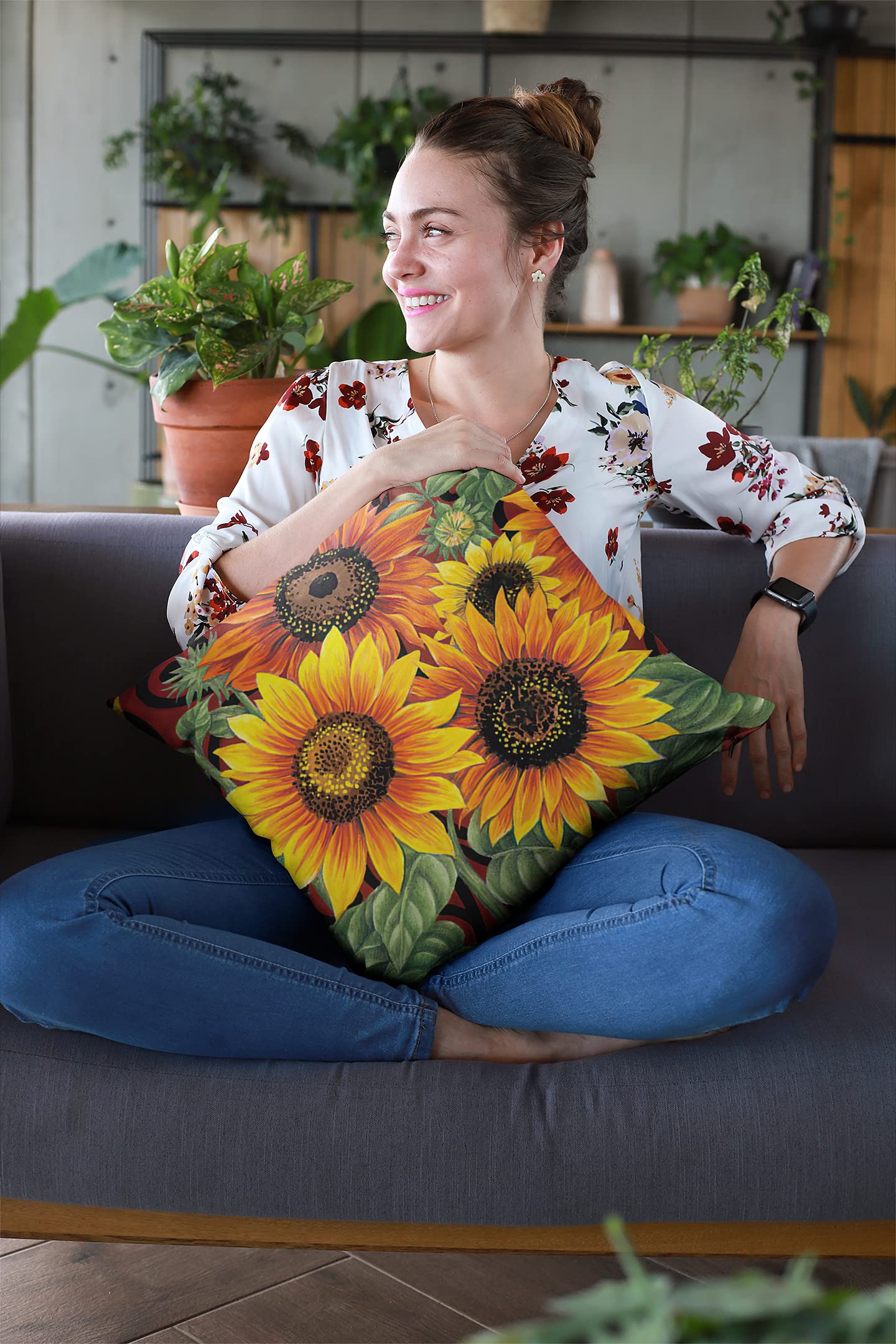 Federa Per Cuscino 45x45 Cm Con Girasole Stile Olio - Hgod Designs, Cotone E Lino Naturale, Cerniera Nascosta
