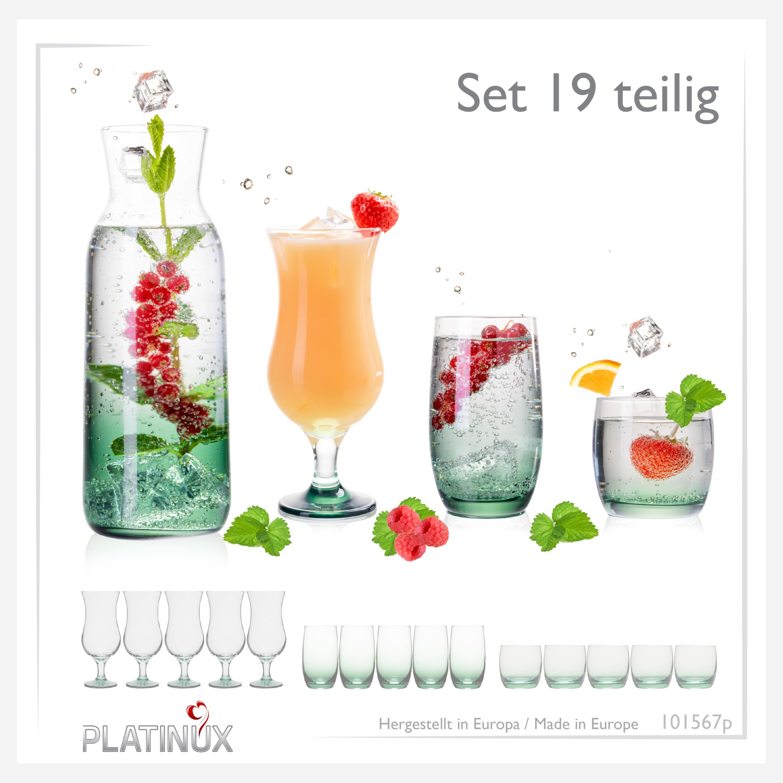 PLATINUX Juego de vasos y jarra con efecto ombré verde, 19 piezas de cristal, jarra de agua, vasos de cóctel