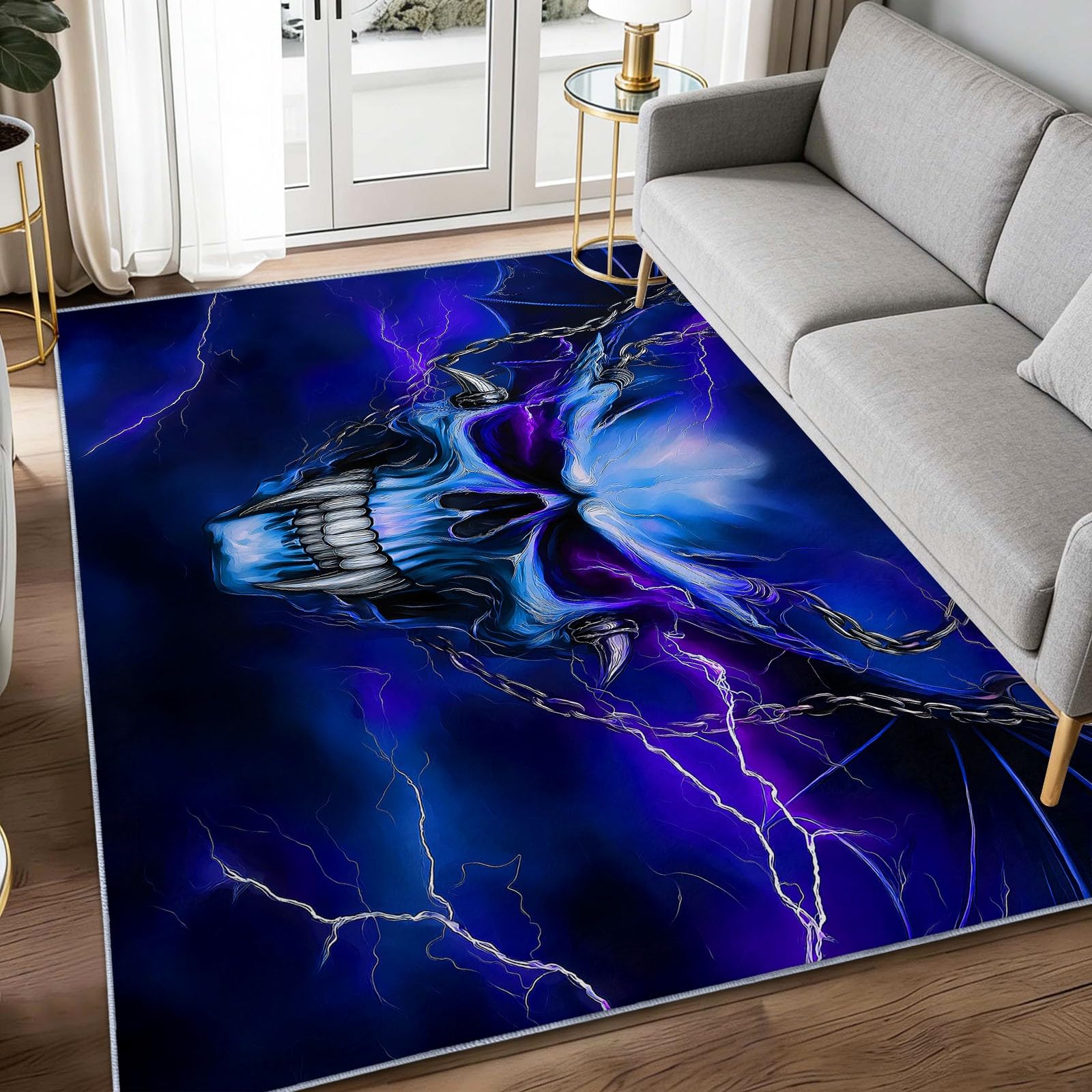 Alfombra de calavera a rayas azul real y tacto suave para dormitorio de grandes dimensiones