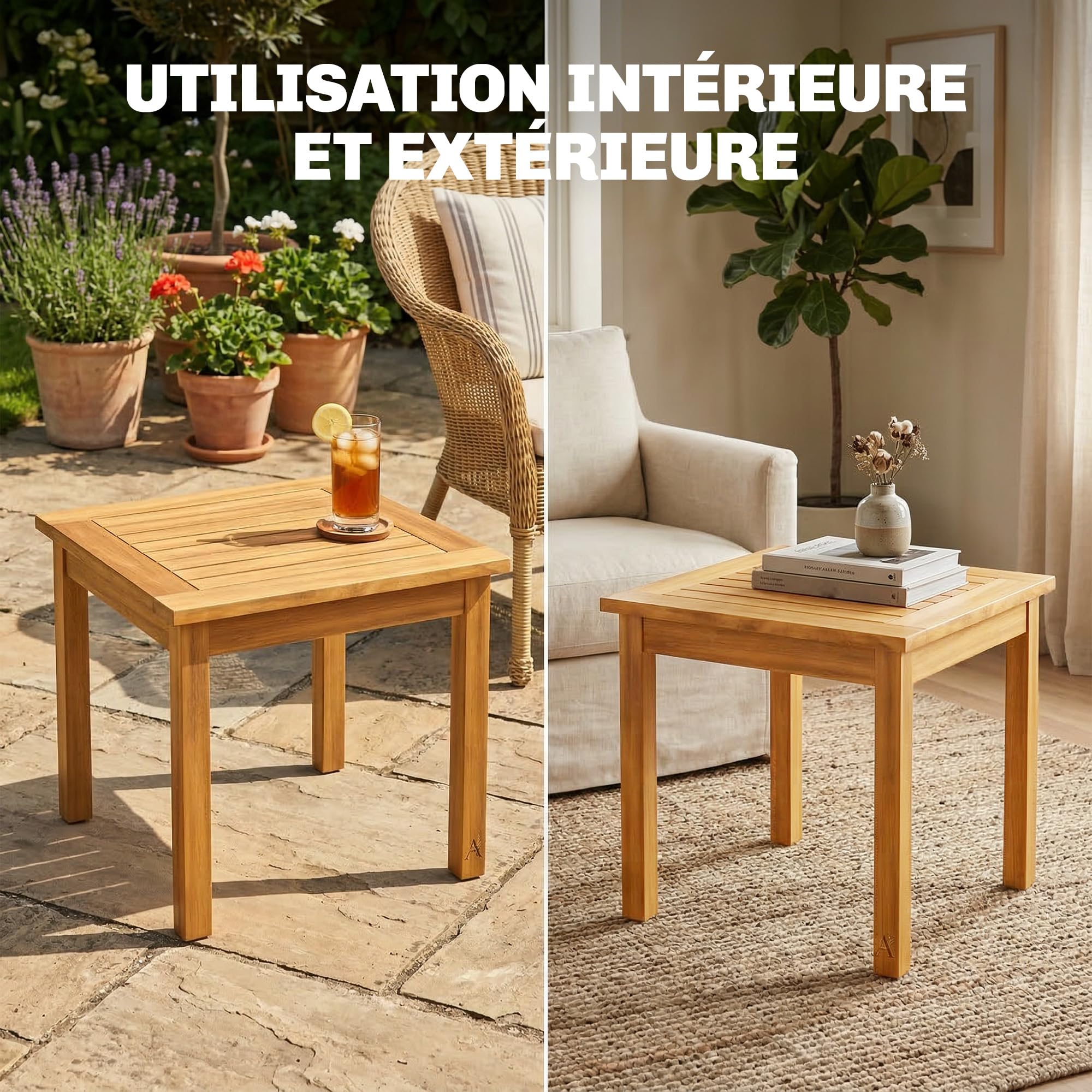 Outsunny Table Basse de Jardin Carrée en Bois d'Acacia Massif, Plateau à Lattes, Pieds Réglables, 48x48x46cm, Naturel
