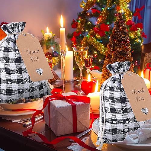 Miniatura 2 de 24 bolsas de Navidad con cordón de Navidad, bolsas de arpillera a cuadros, bolsas de lino, bolsas de regalo de fiesta, bolsas de tela, bolsa de