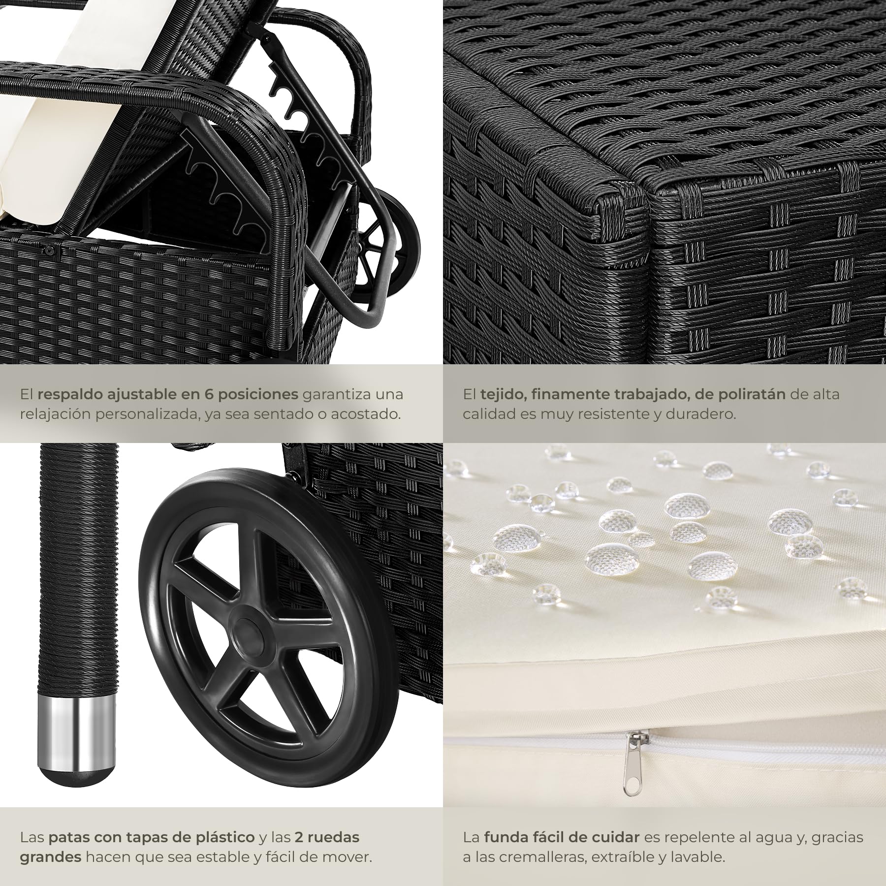 tectake®, Tumbona Chaise Longue, Ajustable de Poliratán con Ruedas, Mueble Exterior Sofa Acolchado para Jardín y Terraza, 6 Posiciones, Fácil de Limpiar, Moderno, Hamaca de Jardín - Negro/Beige