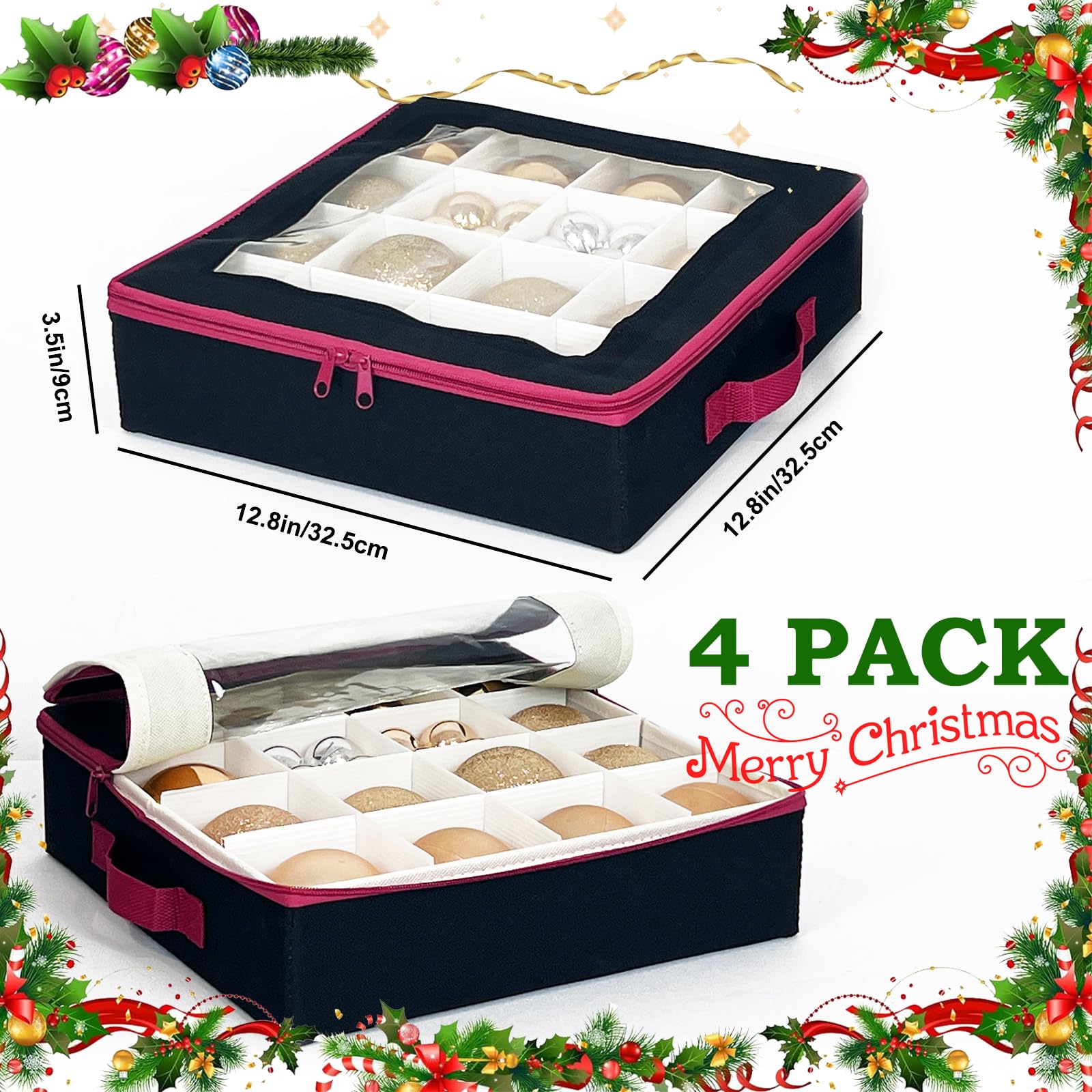Caja de almacenamiento de adornos de bolas de Navidad con divisores, 4 organizadores plegables de decoraciones de Navidad con 2 asas y tapas para vacaciones (negro)