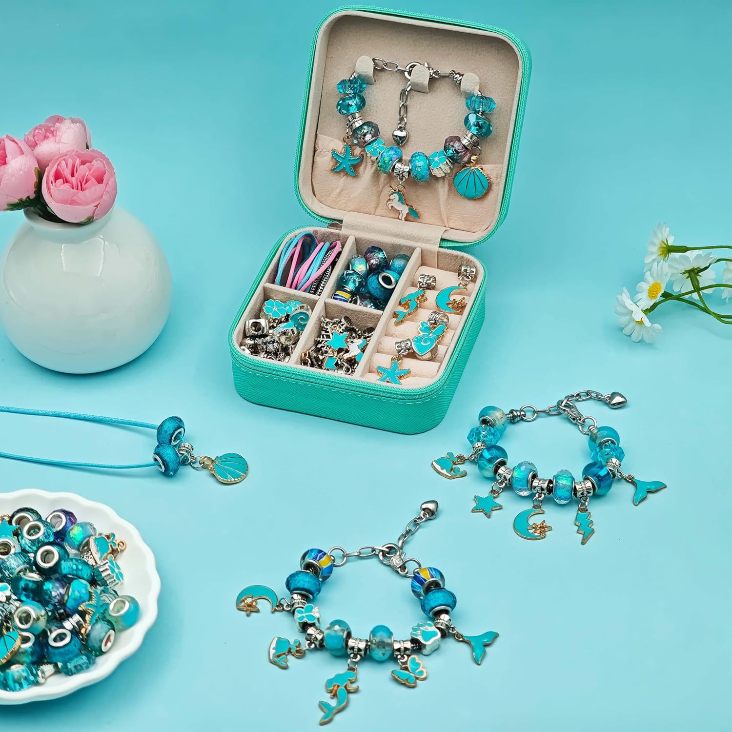 ONADEBY Charm Bracelet Making Kit - Blue DIY Jewelry Making Kit for Girls, Friendship Bracelet Kit with Portable Box Bag Packing for Birthday Christmas New Years Easter Valentine Craft Gifts