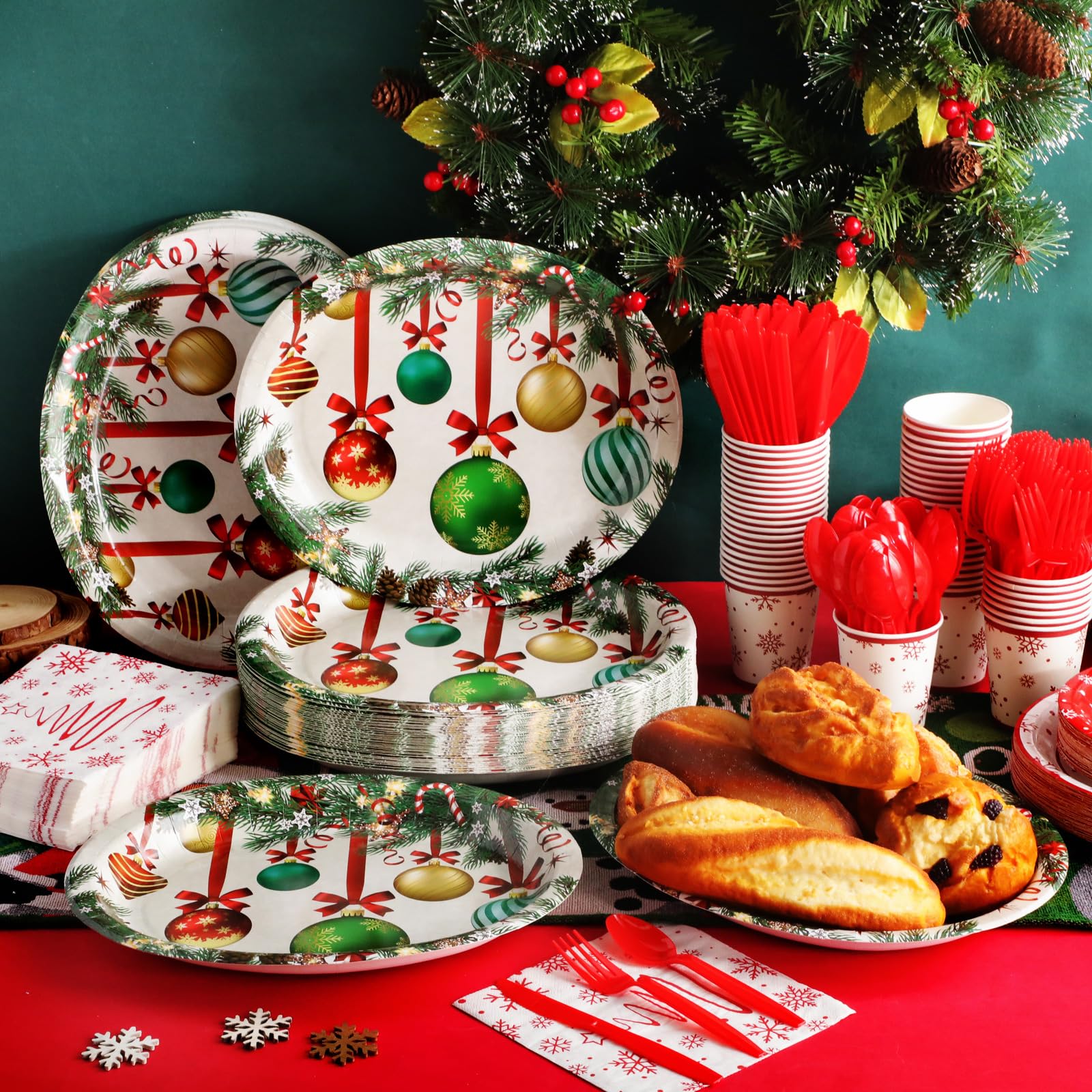 Hsei Lot de 100 grandes assiettes ovales jetables en carton de Noël de 25,4 x 30,5 cm - Assiettes en papier pour Noël - Décoration de table de Noël