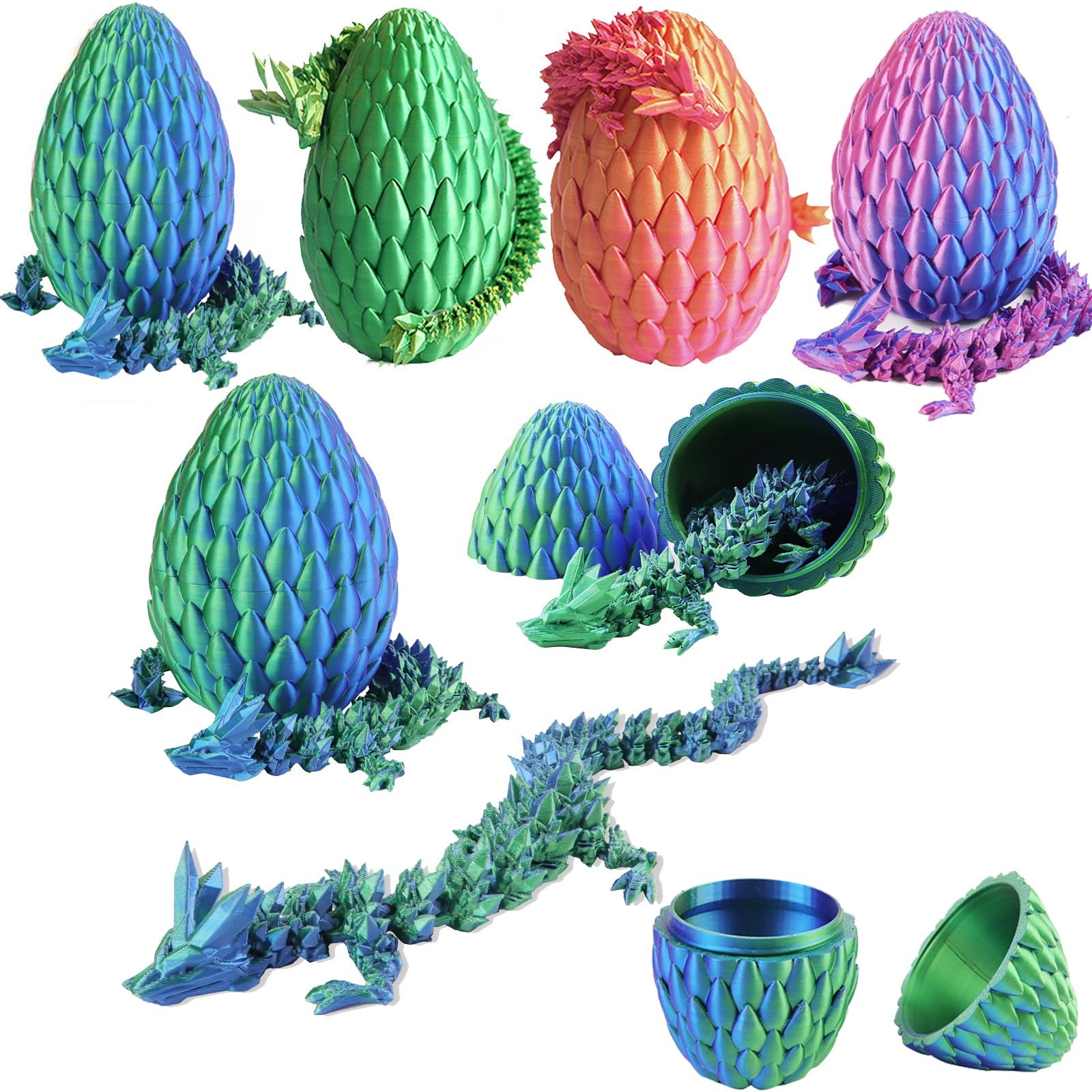 Qxbuhe 12inch 3D Printed Dragon Egg,Mystery Crystal Dragon Fidget Toys,Articulated Dragon,Home Desk Decor Easter Surprise Dinosaur Eggs,Adults Fidget Toys for Autism/ADHD (Cyanine)