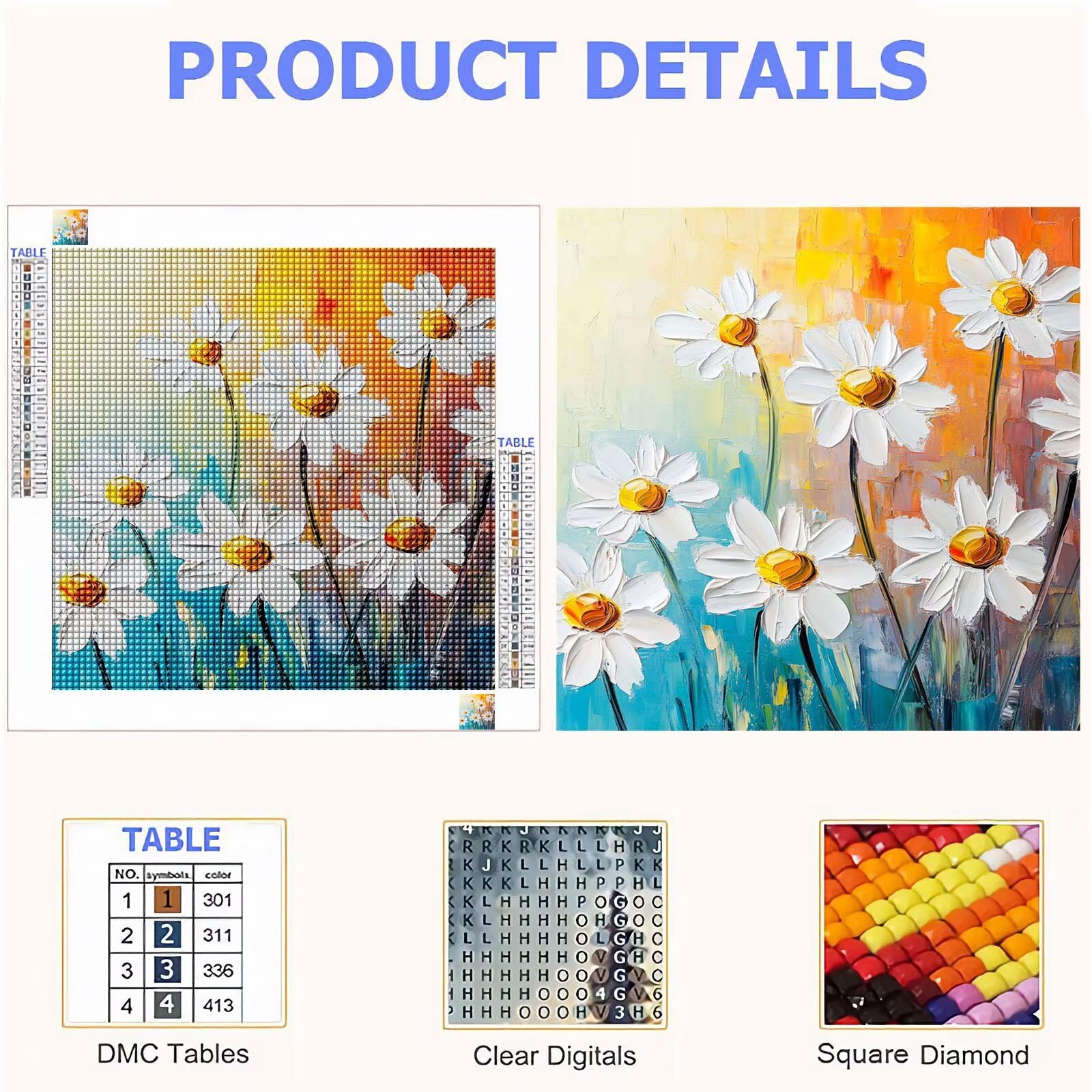 Broderie Diamant Kit Complet 5D, Fleur Diamond Painting Adulte Plein Foret, Peinture Diamant pour Adulte Enfant Débutant, Loisirs Créatifs de Détente et Décoration Maison, Marguerite 70x70cm FX#574