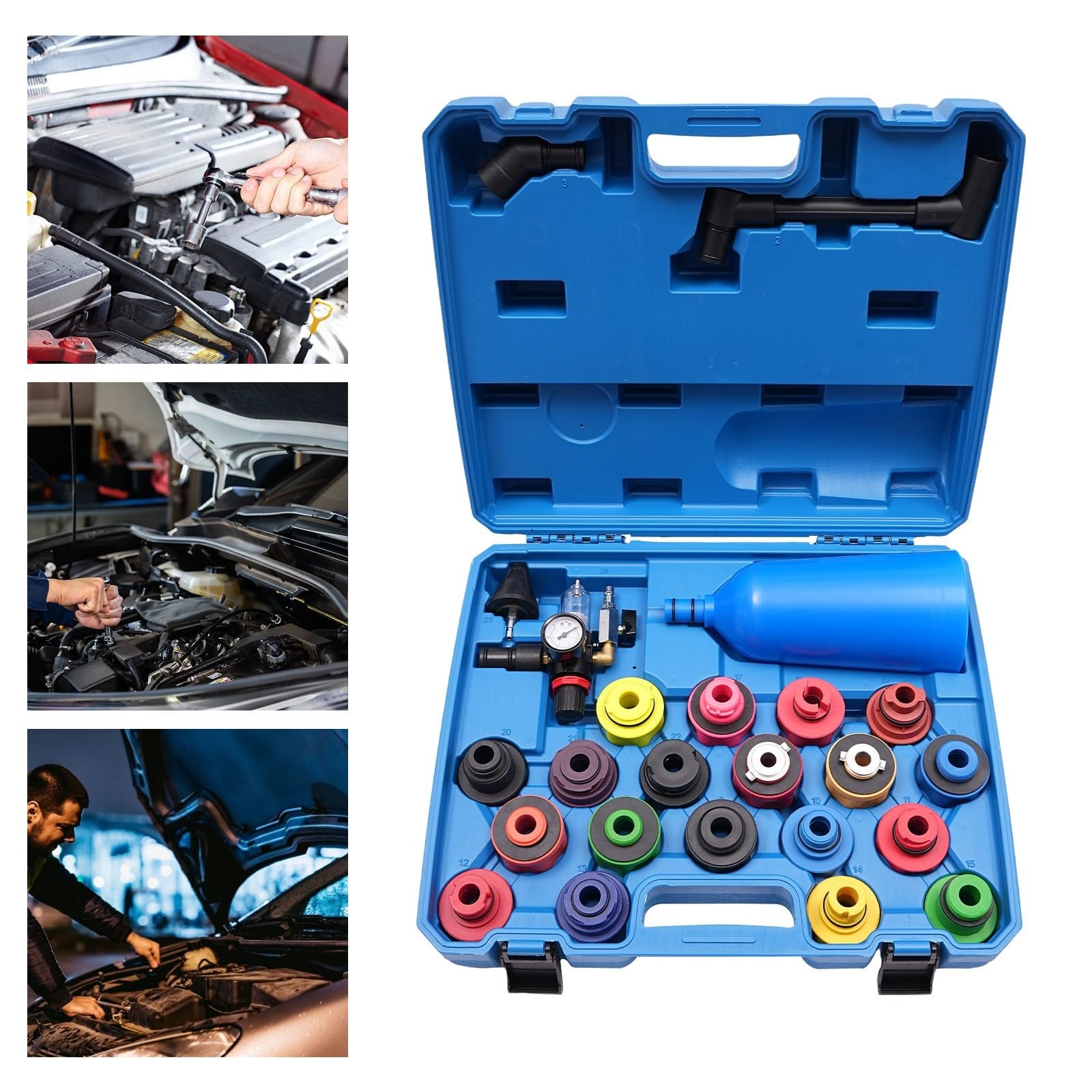 Kit di ricarica per olio motore, 24 pezzi, con unità ad aria compressa, 19 tappi di chiusura, imbuto 2 litri, kit per cambio dell'olio, per Audi BMW, Mercedes, officina, manutenzione auto, riparazione