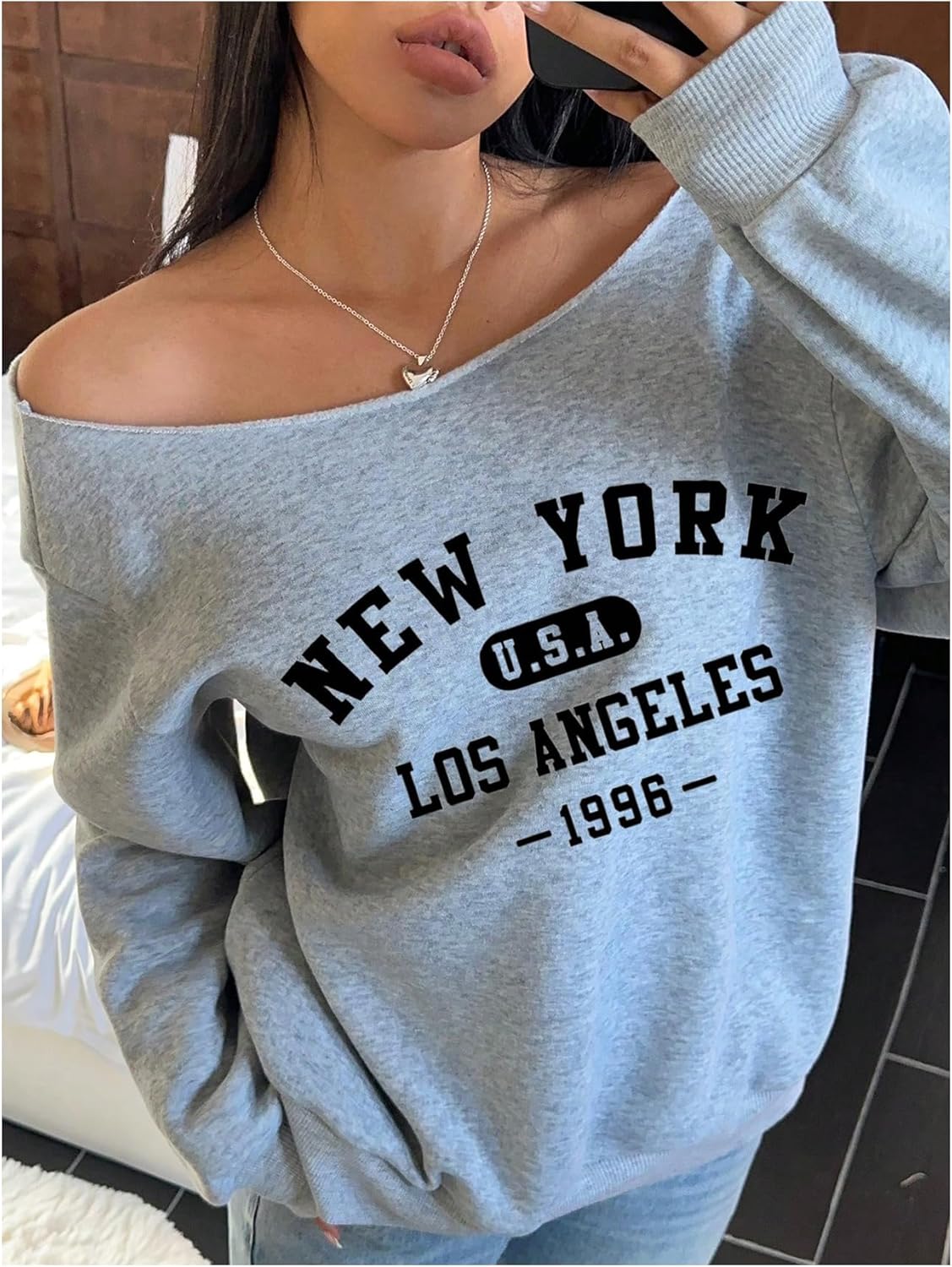 SOLY HUX Women's Off the Shoulder Graphic Sweatshirt Letter Print Long Sleeve Oversized Pullover Tops - Image 3