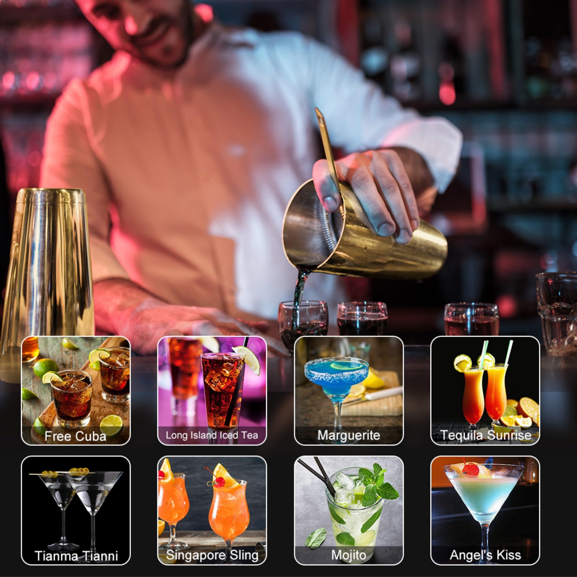 Juego de coctelera de coctelera Boston de 23 piezas, kit de camarero de acero inoxidable con soporte acrílico y folleto de recetas de cóctel, fiesta, color dorado