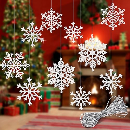 Miniatura 8 de Whaline 40 adornos de copo de nieve de invierno con purpurina blanca, decoraciones colgantes de Navidad con cuerda plateada de 197 pulgadas para