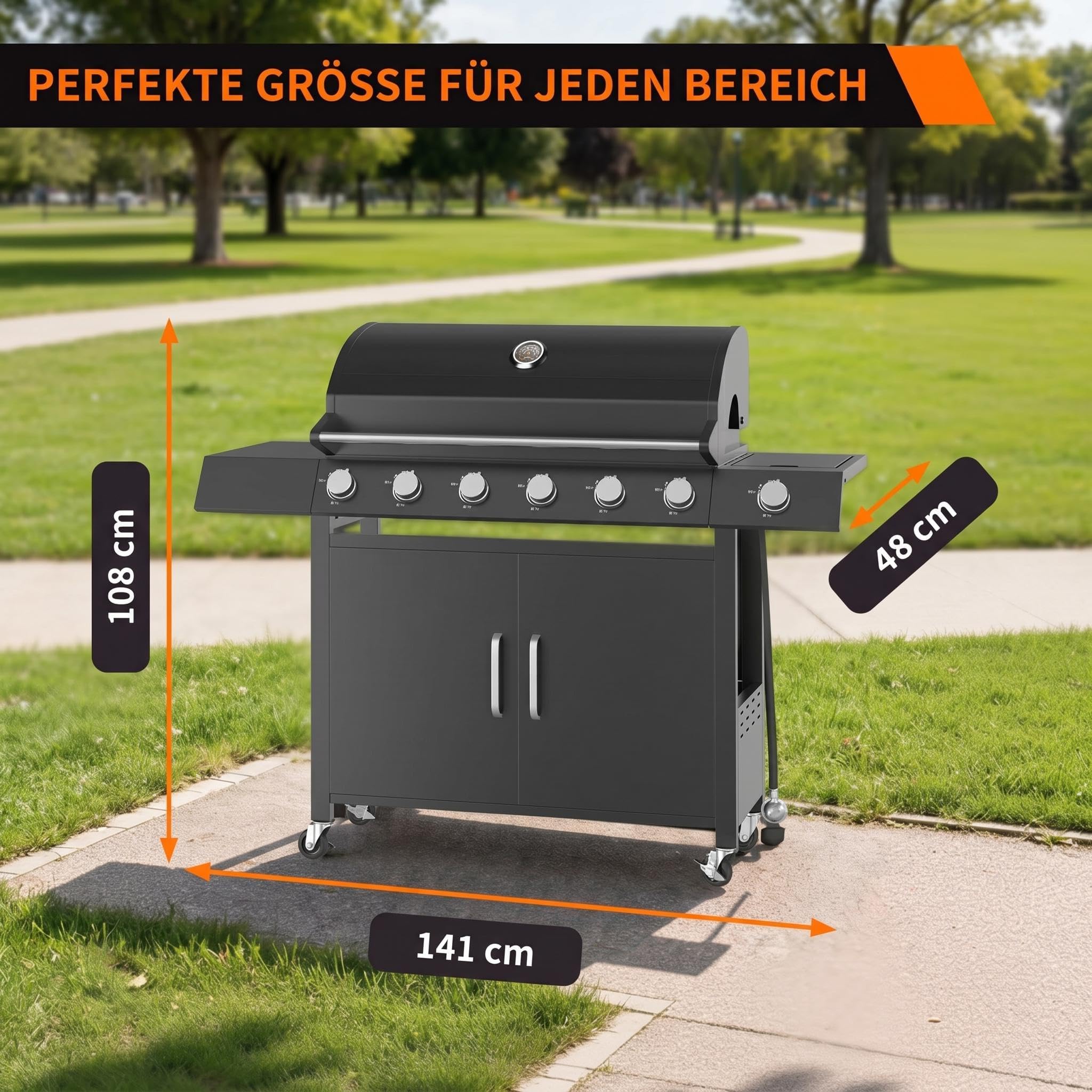 Garvee Gasgrill Mit 6+1 Brennern, 60.000 BTU, Seitenbrenner & Unterschrank | Edelstahl Gusseisenroste Warmhalterost Thermometer Rollen – Wetterfest für Garten & Terrasse
