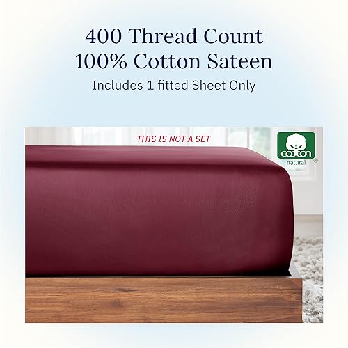 Miniatura 3 de California Design Den - Sábana bajera ajustable de 400 hilos para cama, 100% algodón, no elástico que se desprende, tejido satén duradero