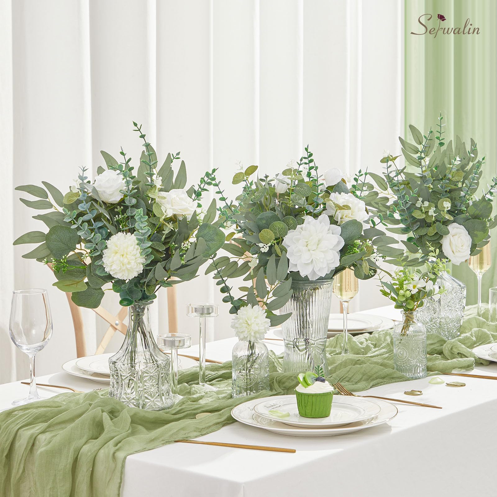 Serwalin 100pcs Artificial Mixed Eucalyptus Stems Leaveas Bulk, 4Kinds Fake Grennery Silver Dollar Eucalyptus Leaves Picks,Faux Greenry Stems Sprays for DIY Bouquets Floral Arrangement Home Decor