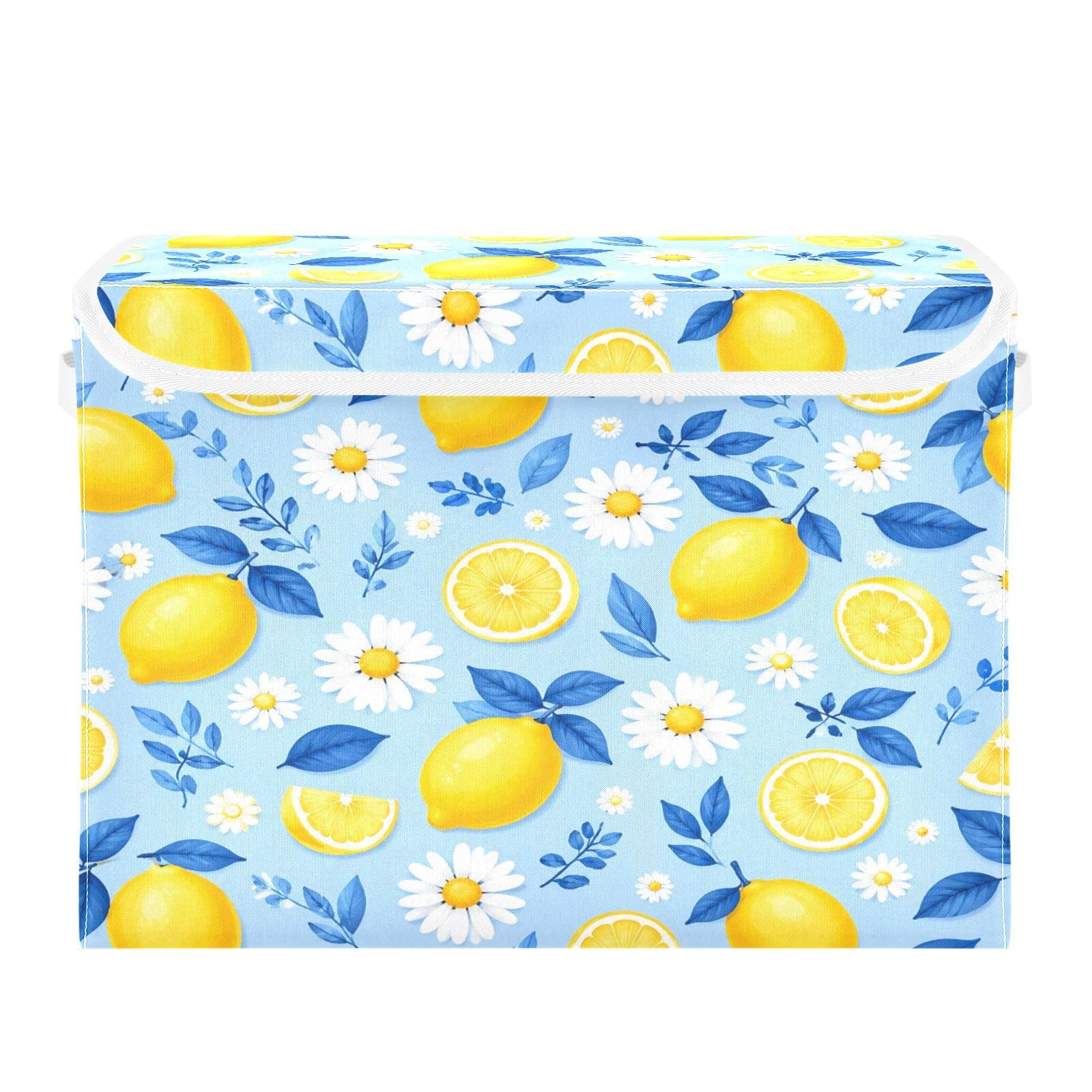 Cgiub Lemon Storage Bins with Lids Decorative Fabric Storage Boxes with Handles Closet Organiser Foldable Baby Basket for Nursery Bedroom Office