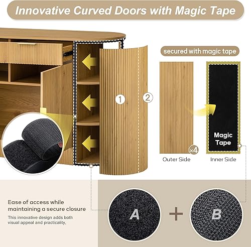 Miniatura 50 de Aparador de armario de almacenamiento curvado con 2 puertas y 2 cajones, mesa consola de entrada de madera de 55 pulgadas con puerta lateral curvada