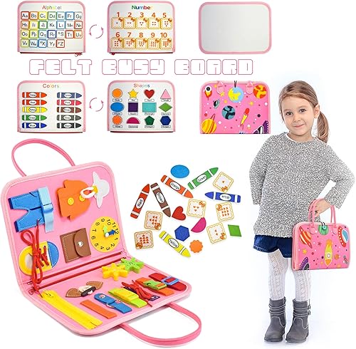 Sams - Tablero de fieltro para niños pequeños juguetes Montessori para aprender habilidades motoras finas juguete de viaje rosa