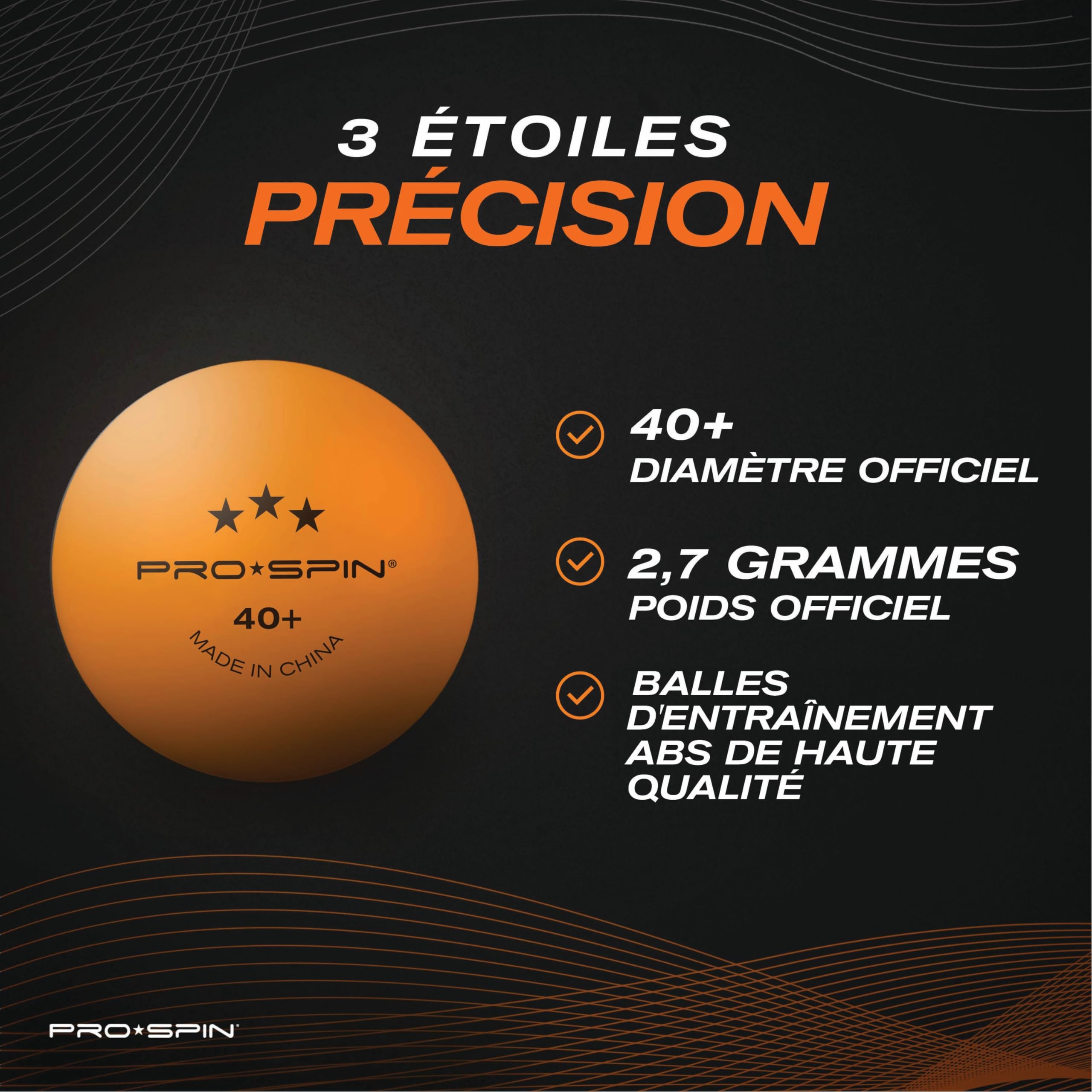 PRO-SPIN Balles de Ping-Pong 3 Étoiles Haute Performance, Orange 40+ ABS | Lot de Balles Qualité Supérieure pour Entraînement de Tennis de Table | pour Tables de Ping Pong Intérieur, Extérieur