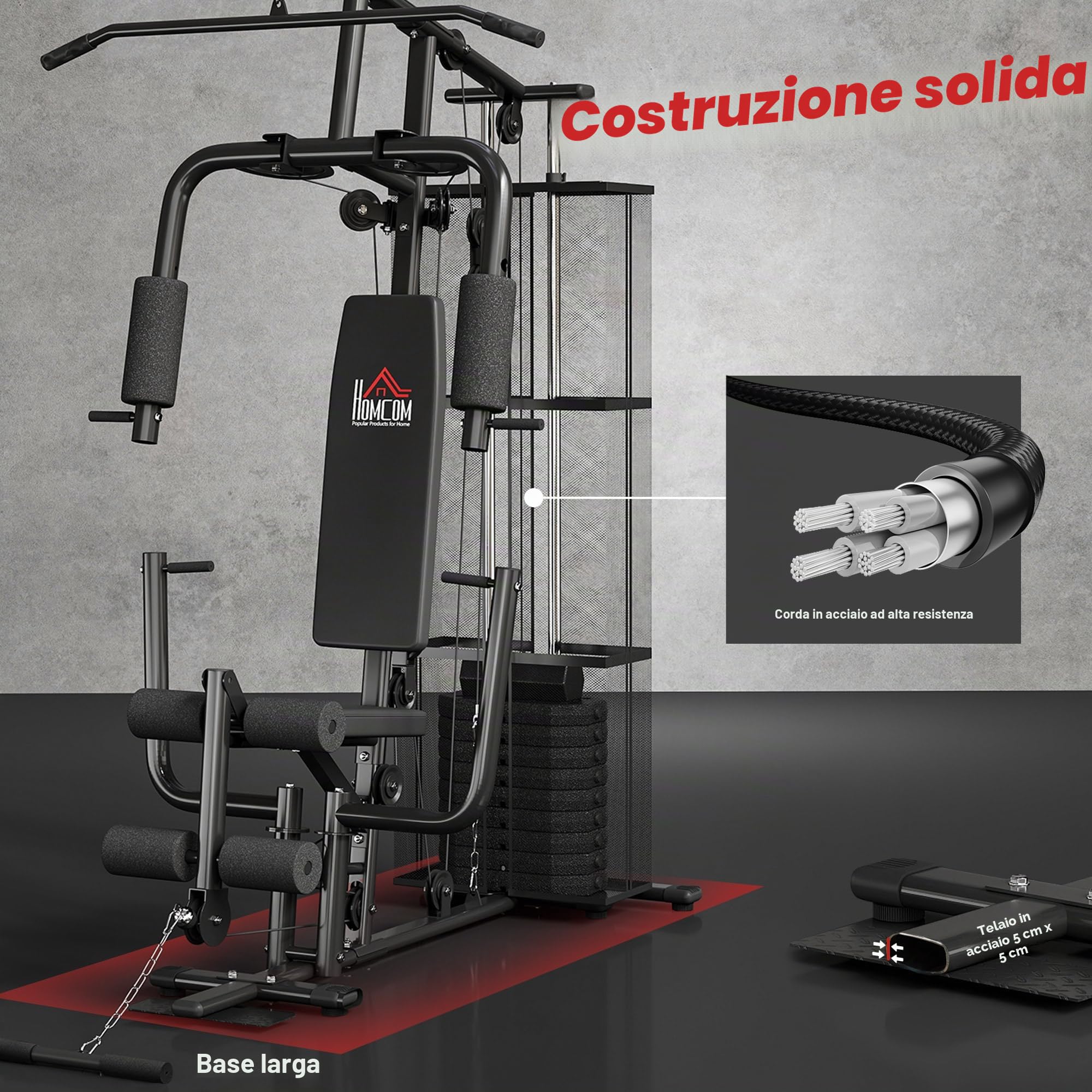 HOMCOM Attrezzatura da palestra domestica, stazione di allenamento multi palestra con pila di pesi da 45 kg, stazione toracica, pressa a farfalla e sviluppatore gambe per allenamento della forza