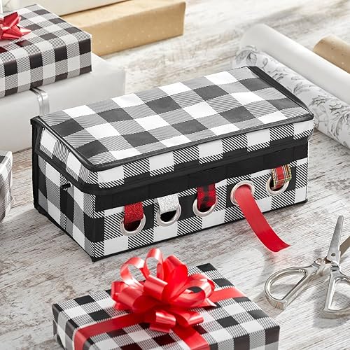 Miniatura 2 de mDesign Caja de almacenamiento de cinta para envolver regalos con asas, contenedor organizador de lazos navideños con tapa y soporte de cinta de