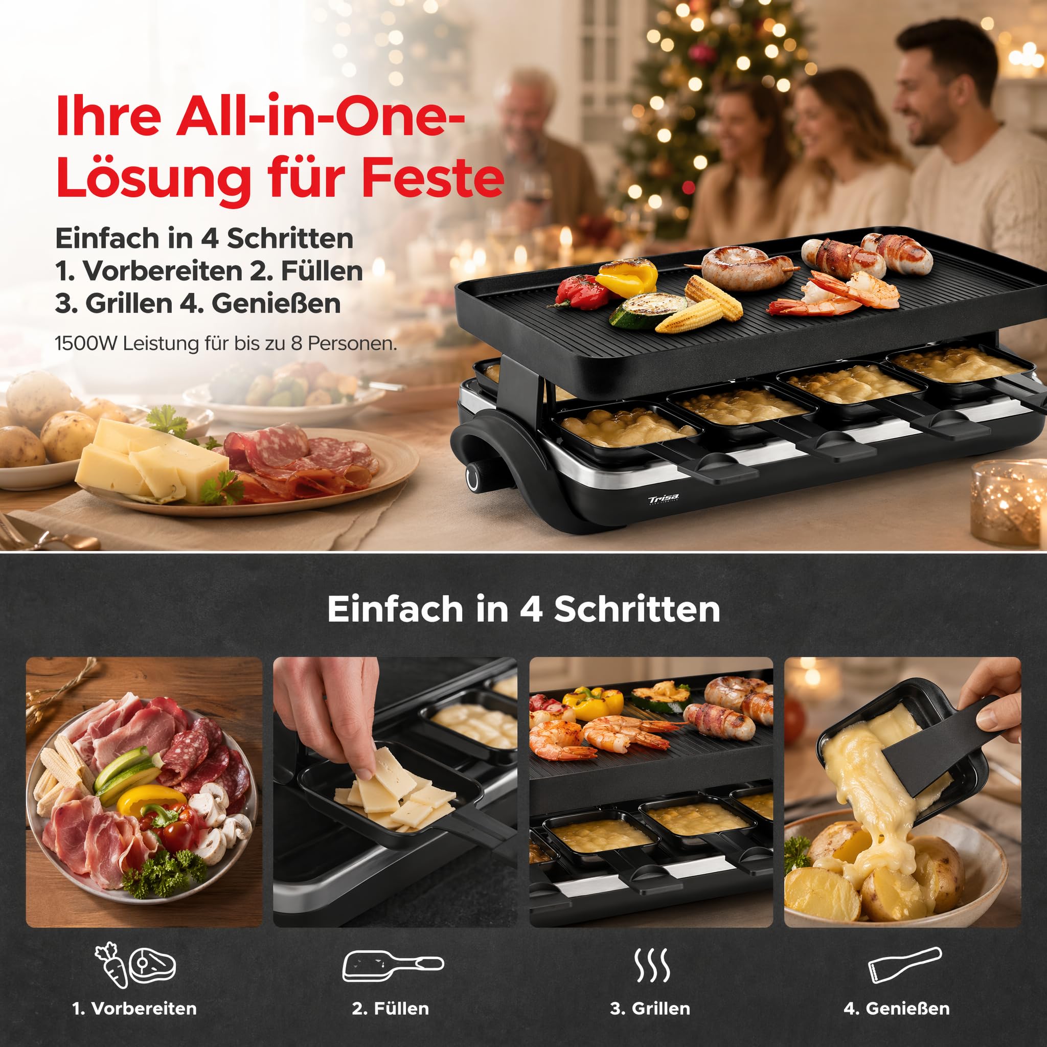 Trisa Raclette Supreme 8 Grill, 1500W, 8 Pfännchen, Guss-Aluminium Platte | 8 Antihaft-Pfännchen & Spachtel, Guss-Aluminium Grillplatte, 1500W, Stufenloser Temperaturregler