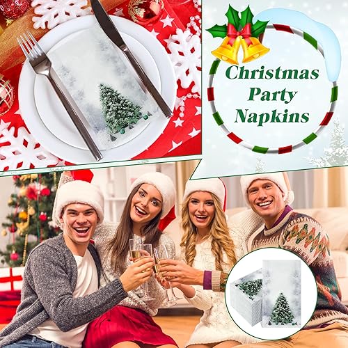 Miniatura 10 de Cholemy 200 servilletas de papel desechables de Navidad de 2 capas de árbol de Navidad, diseño de bolas de Navidad, servilletas de mano para
