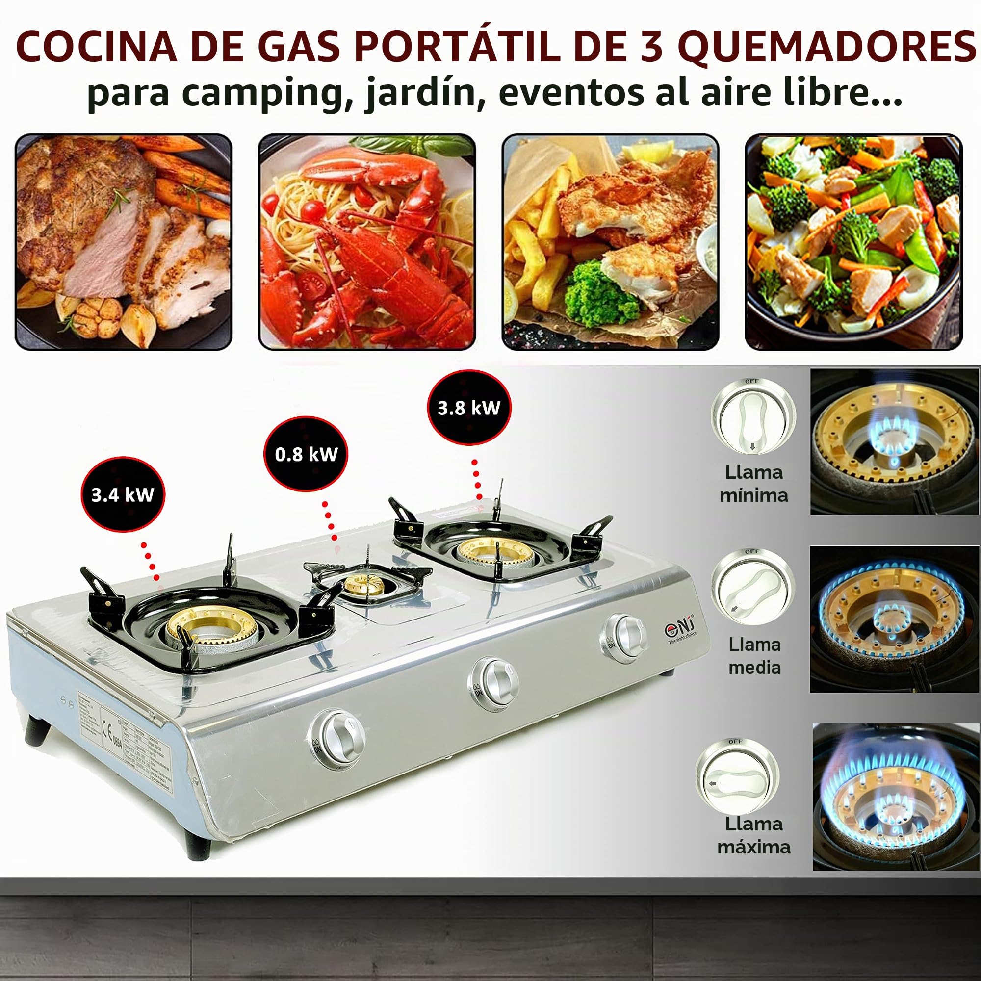 NJ Hornillo de Gas, NGB-300 - Camping Gas de 3 Fuegos para Exterior – Hornillo de Gas para Wok - Cocina Portátil de Gas GLP con Tecnología Eficiente y Encendido Automático, Acero Inoxidable – 8,0 kW