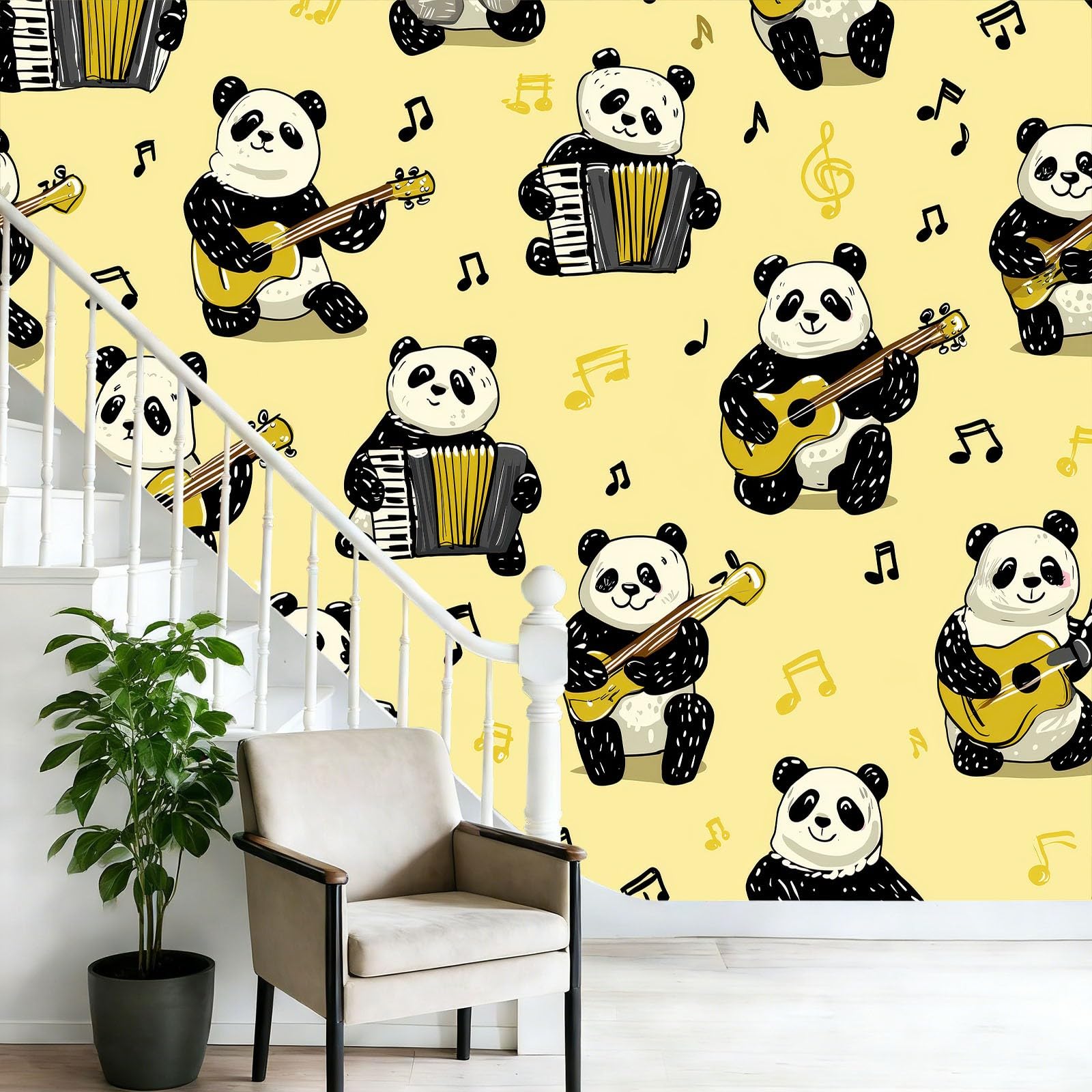 Panoramiczna tapeta 300 x 210 cm (dł. x wys.), kreskówka akordeon zwierzęta panda włóknina fototapeta do salonu restauracja tło telewizora dekoracja, żółty pokój dziecięcy gobelin ścienny
