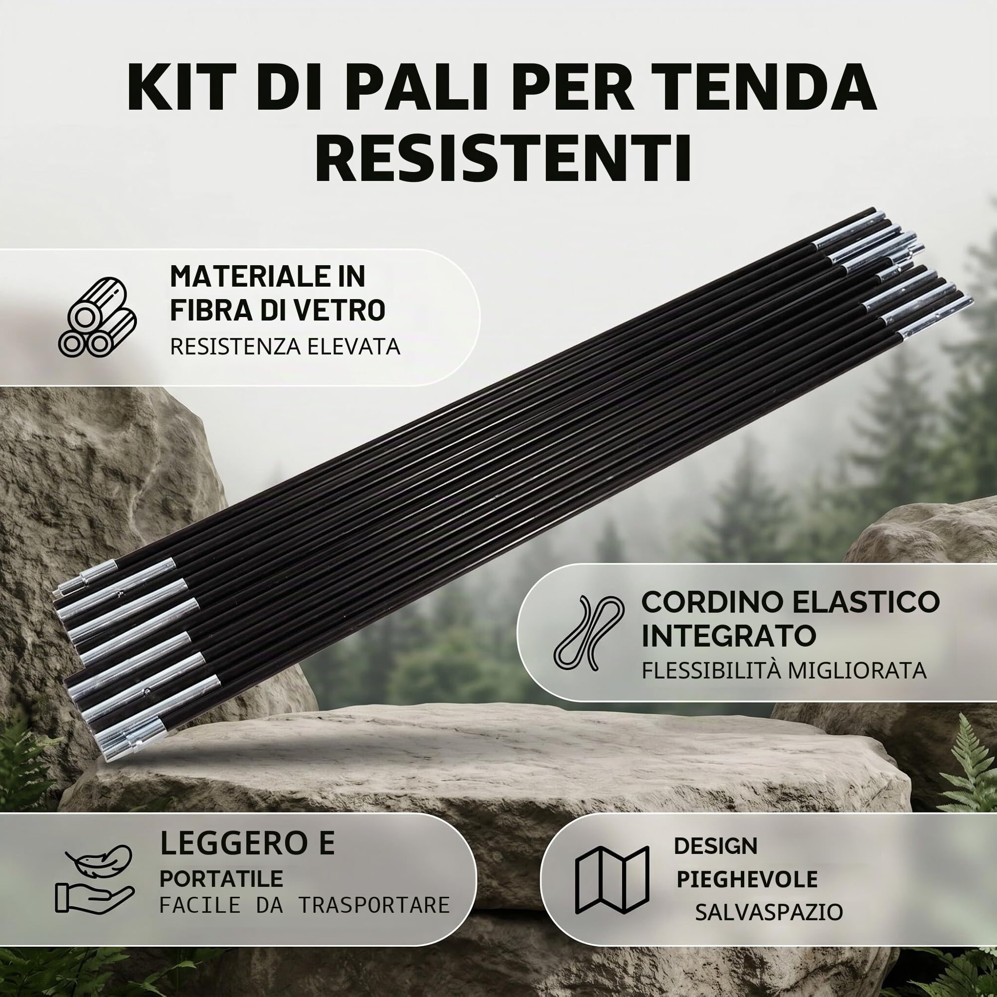 2pz Pali per Tenda, 340cm 7 Sezioni Pieghevole Bastoncini per Tende da Campeggio Asta in Fibra di Vetro Pali di Supporto per Tenda Kit per Tende da Campeggio per 2 Persone | In fibra di vetro, pieghevoli, 7 sezioni, per tende da campeggio 2 persone
