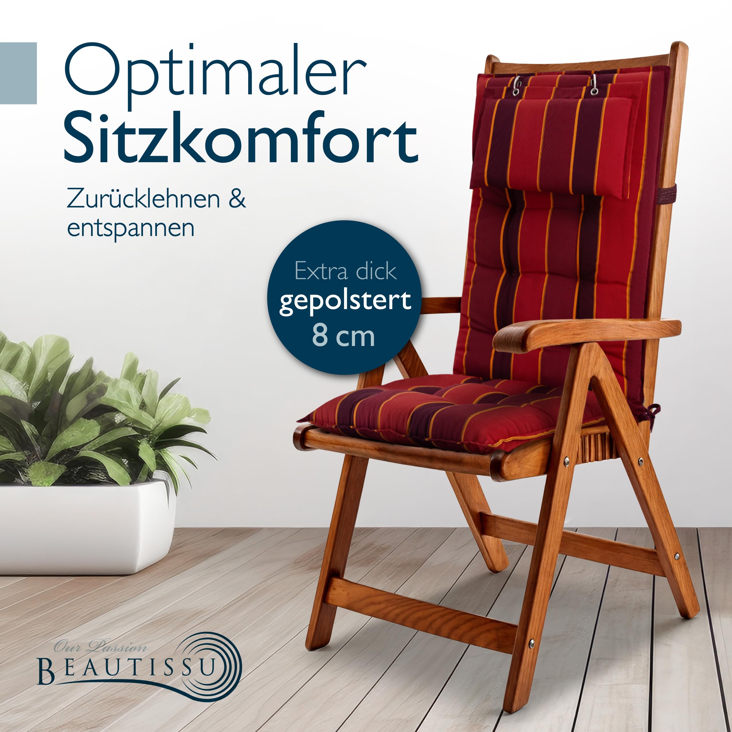 Beautissu 6er Set Premium Hochlehner Auflage mit Kopfpolster 120x50cm Sun-HL – 8cm Dick Polster Gartenstuhlauflage rutschfest Befestigungsbänder UV-Lichtechtheit 5 – Robust Stoff Rot Gestreift