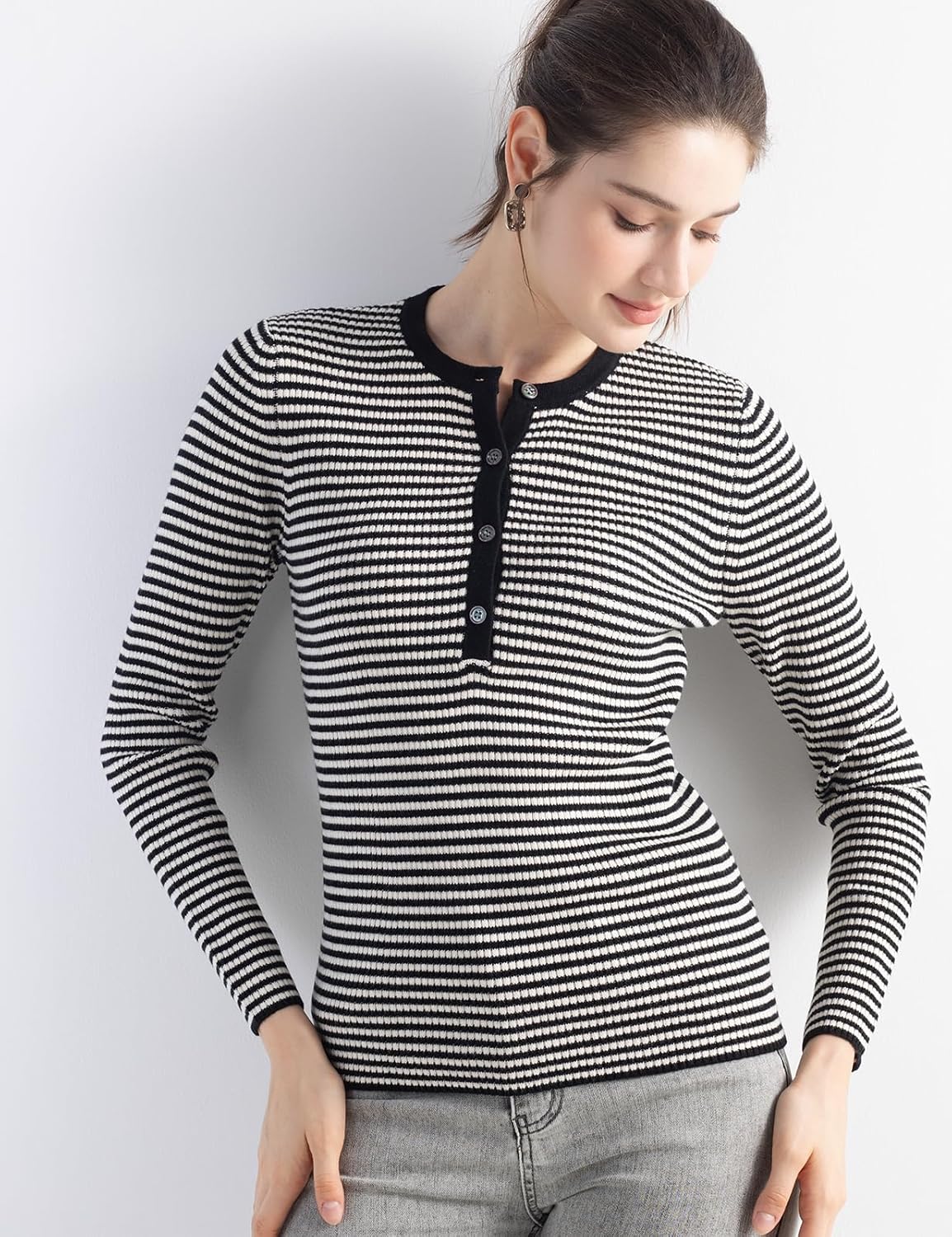 Women's Merino Wool Blend Sweater 2025 Fall Winter Crew Neck Striped Slim Fit Long Sleeve Knit Pullover with Button - Image 2