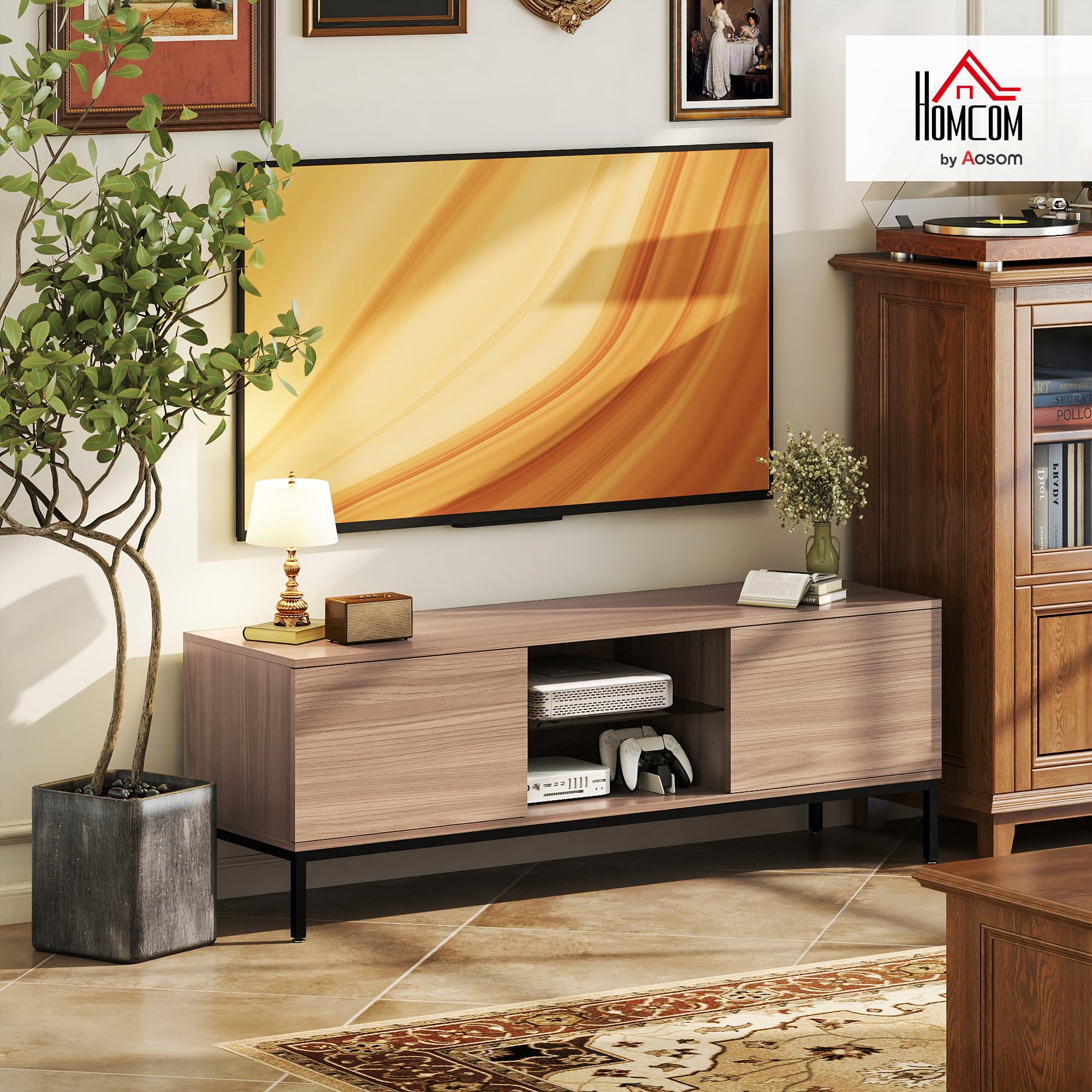 HOMCOM Mueble de TV Moderno Mueble de TV para Salón con 2 Compartimentos Abiertos 2 Puertas Estante de Cristal Ajustable y 2 Orificios para Cables para Televisión hasta 60 Pulgadas 140x40x49,5 cm Gris