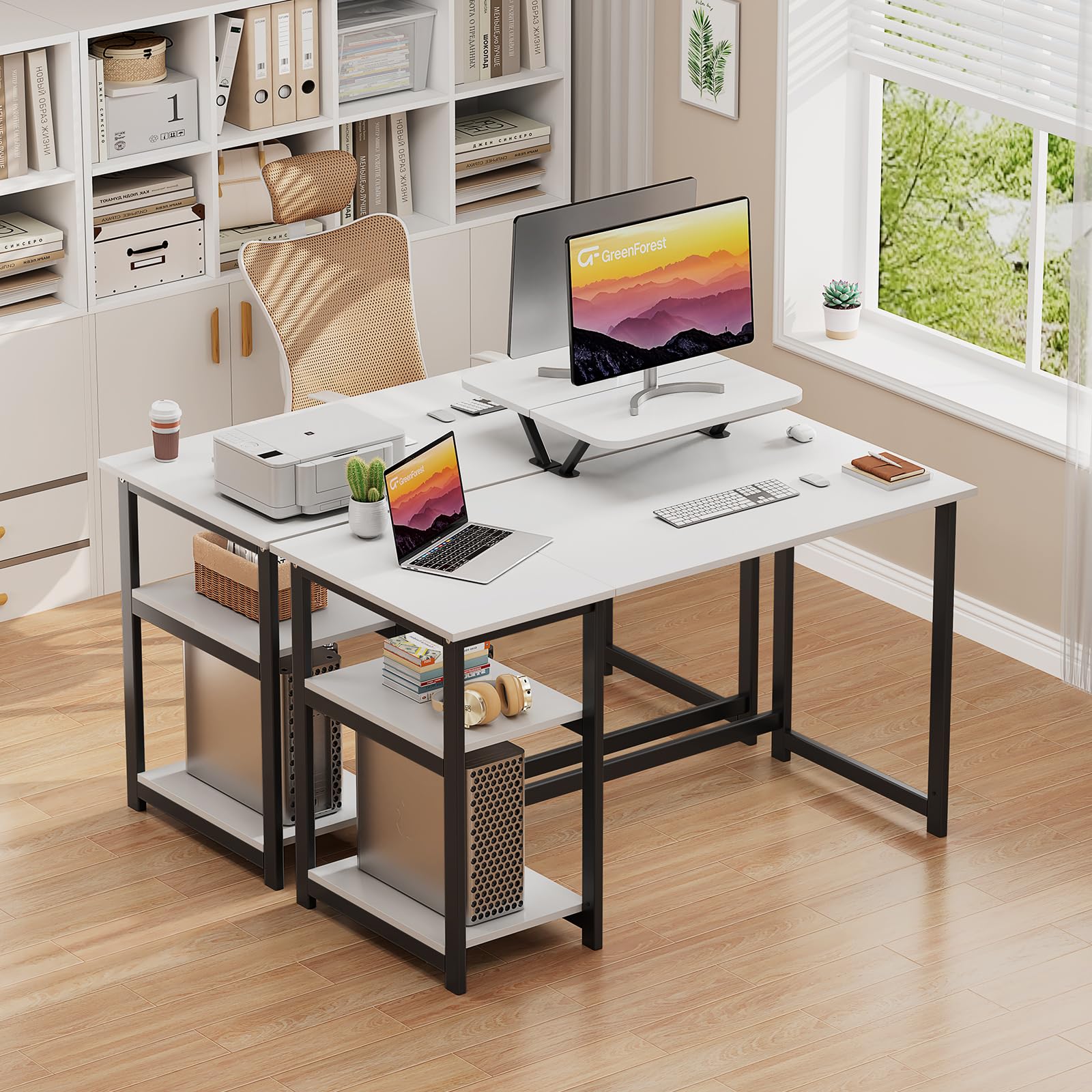 GreenForest Computer Home Office Schreibtisch mit reversiblen Speicherregalen 100cm Kleiner mit justierbaren Regalen für kleine Räume,Schlafzimmer,Student, moderner PC Laptop Tisch,weiß