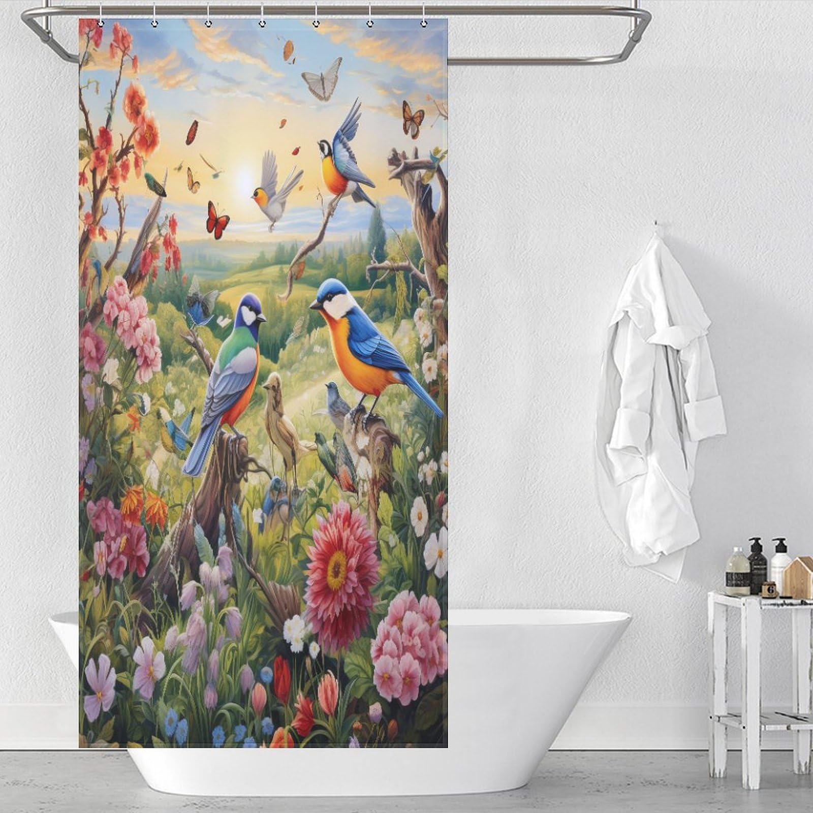 Rideau de baignoire oiseaux et fleurs imperméable en tissu haut de gamme