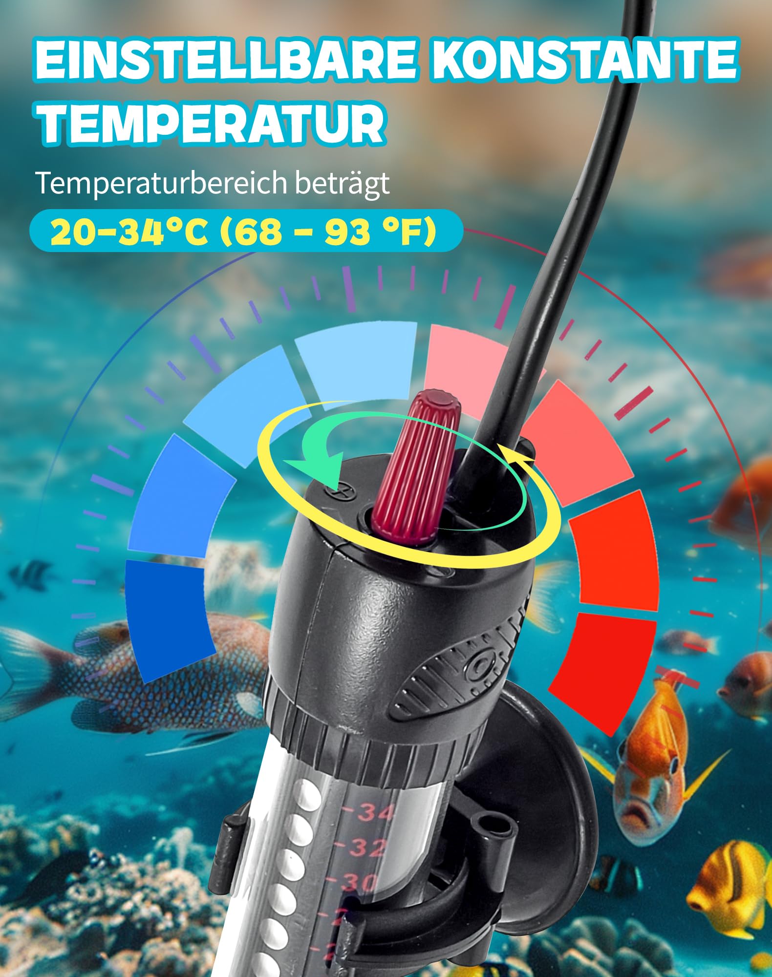 Grzejnik do akwarium, 50 W, do akwariów 30-60 l, grzałka z przyciskiem regulacji temperatury 20-34°C, pogrubione szkło kwarcowe + przyssawki